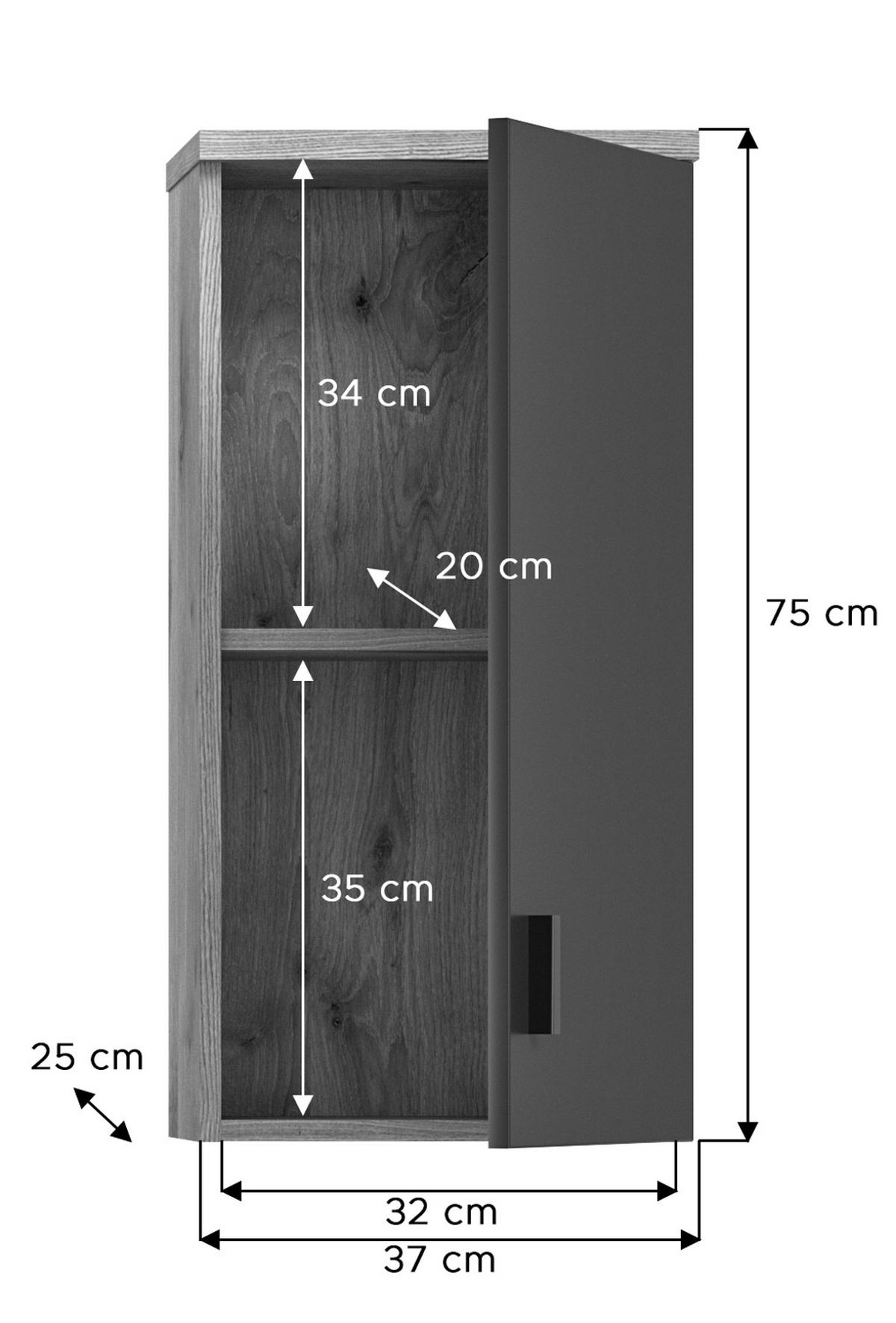 HÄNGESCHRANK grau matt, Eiche 37 cm, Badschrank mit Soft-Close - Eichefarben/Schwarz, Holzwerkstoff/Kunststoff (37/75/25cm) - Inn.Furn