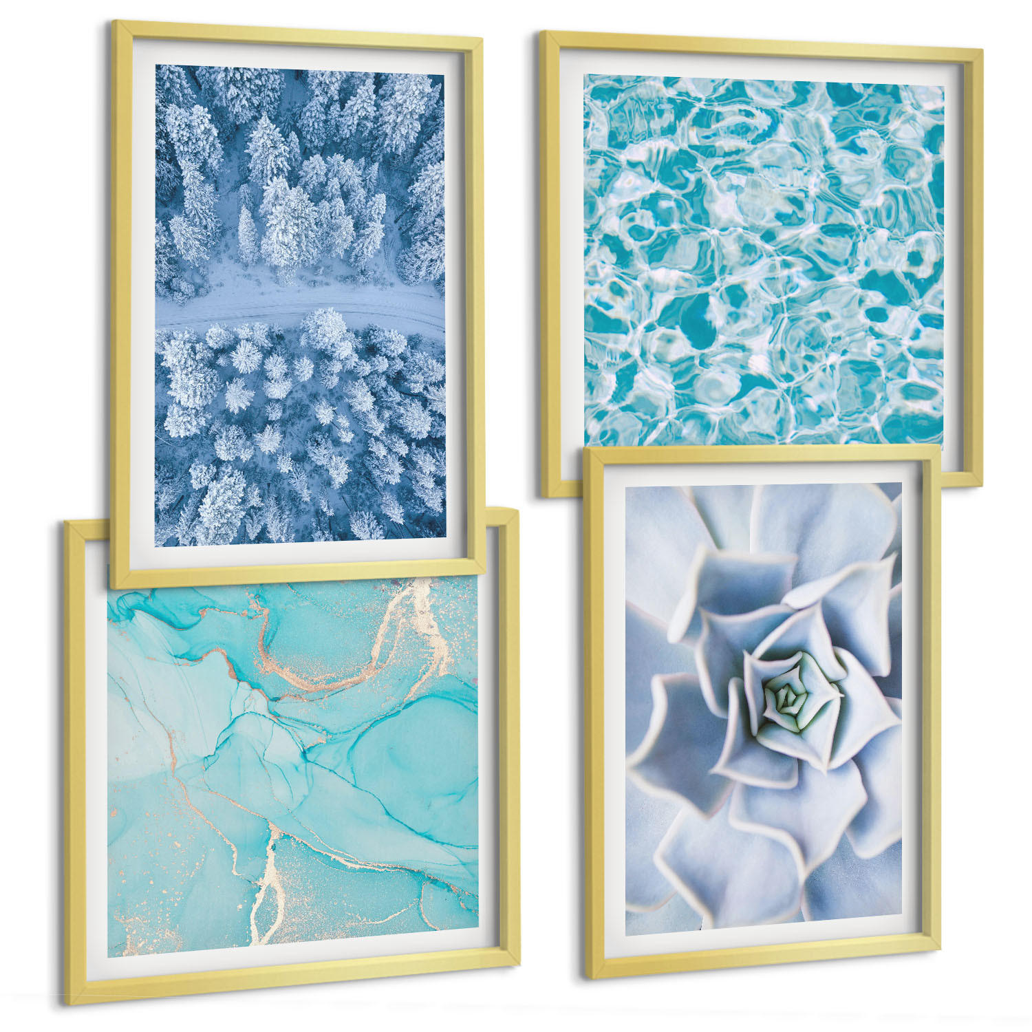 BILDER SET 4er Set - 50x50 cm & 40x60 cm Goldrahmen - Winterwald-Blaublume - Goldfarben, Kunststoff (50/50cm) - TULUP