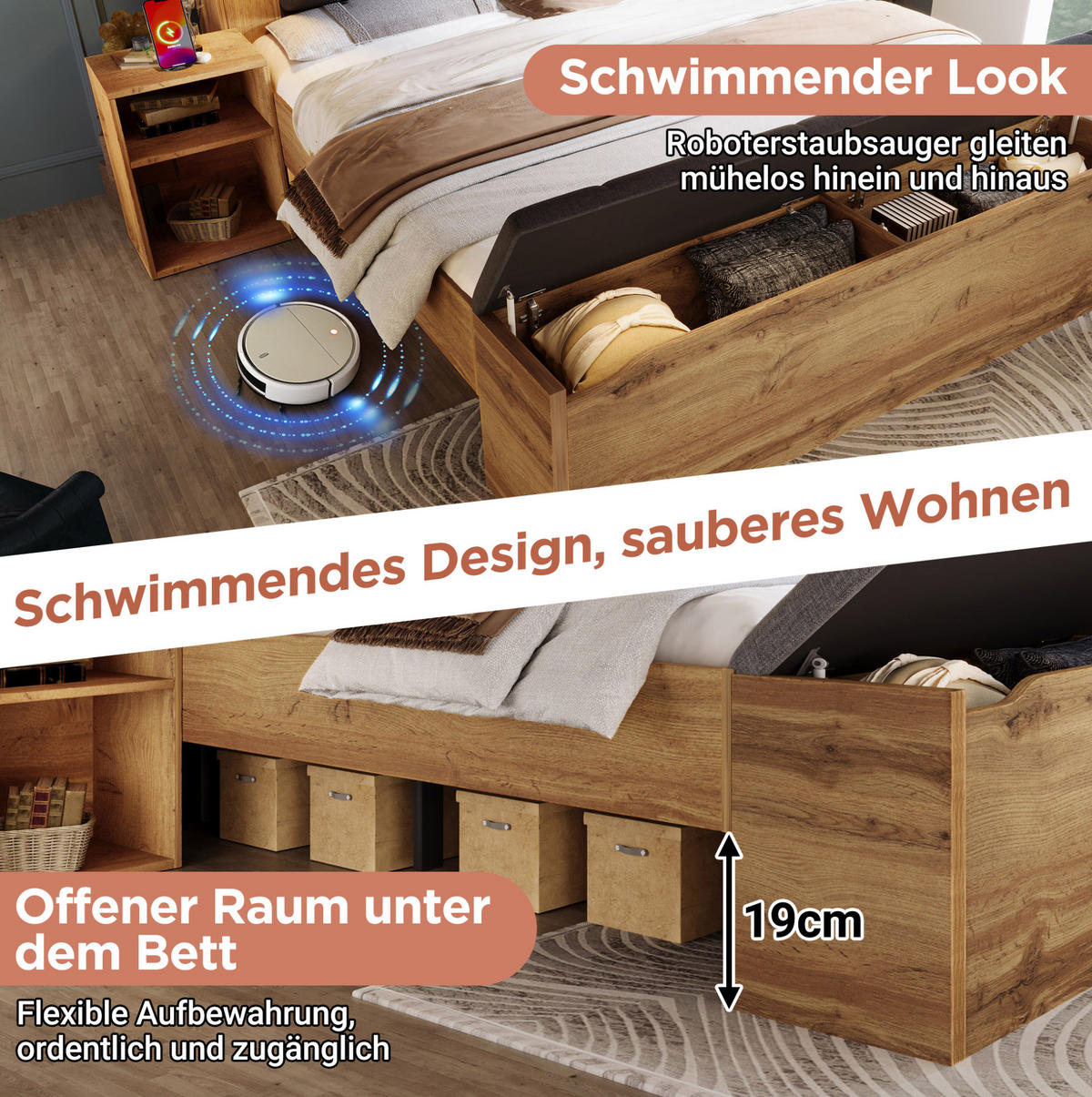 BETT 160/200 cm Eiche aus Holz mit Nachttischen, Bettbank und Leselampen - Eichefarben, Holzwerkstoff (160/200cm) - OKMYHOME