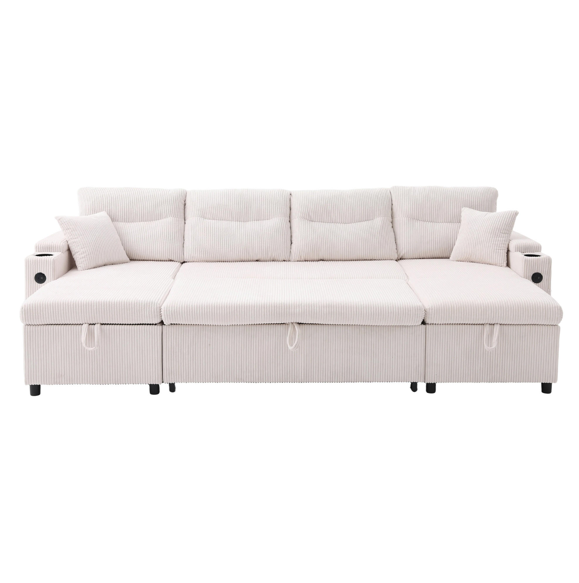 ECKSOFA 4-Sitzer Cord mit Stauraum und USB-Anschluss Schlaffunktion 272/136/86 cm Beige - Beige, Textil (136/86/272cm) - Redom