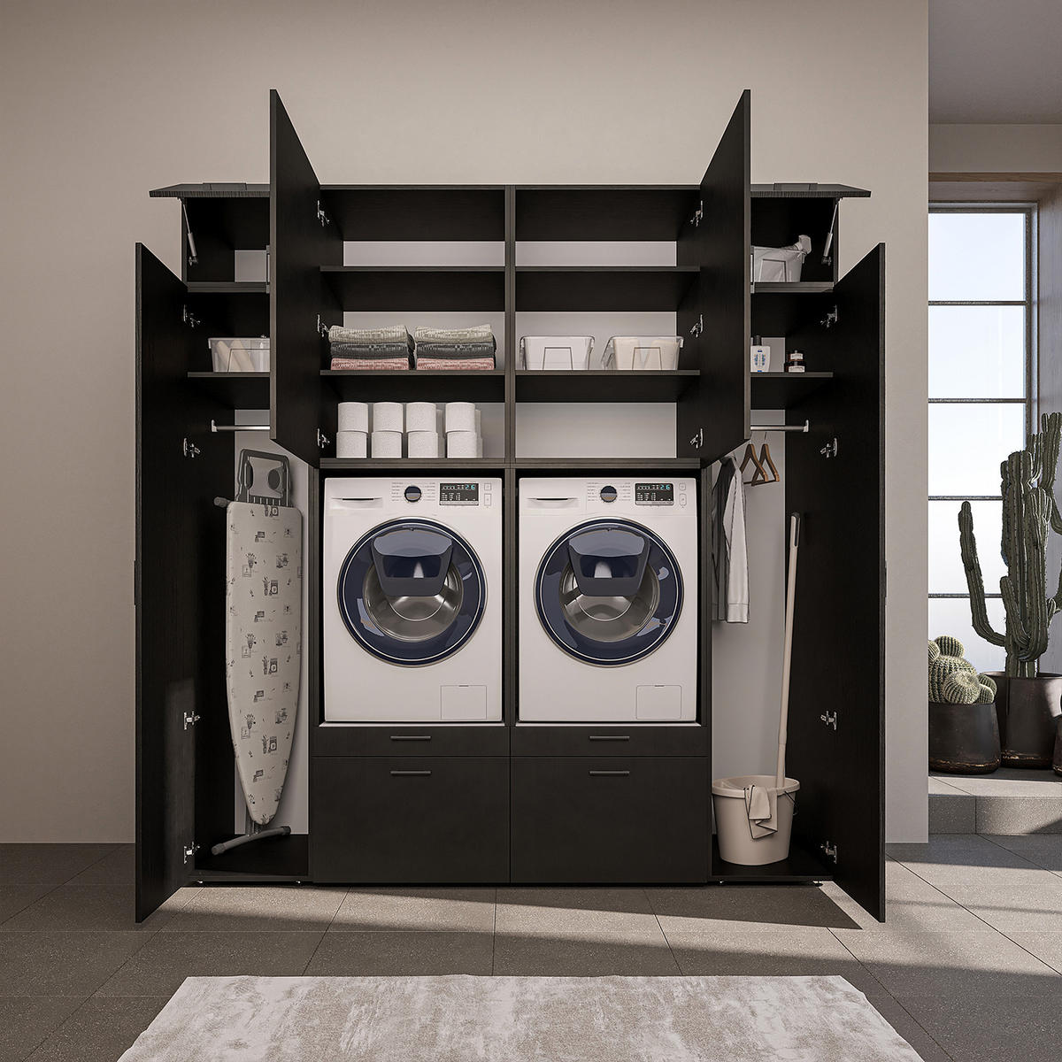 WASCHMASCHINENSCHRANK Serie 2 224cm Breit, 240cm Hoch - Schwarz, Holzwerkstoff (224/240/67cm)