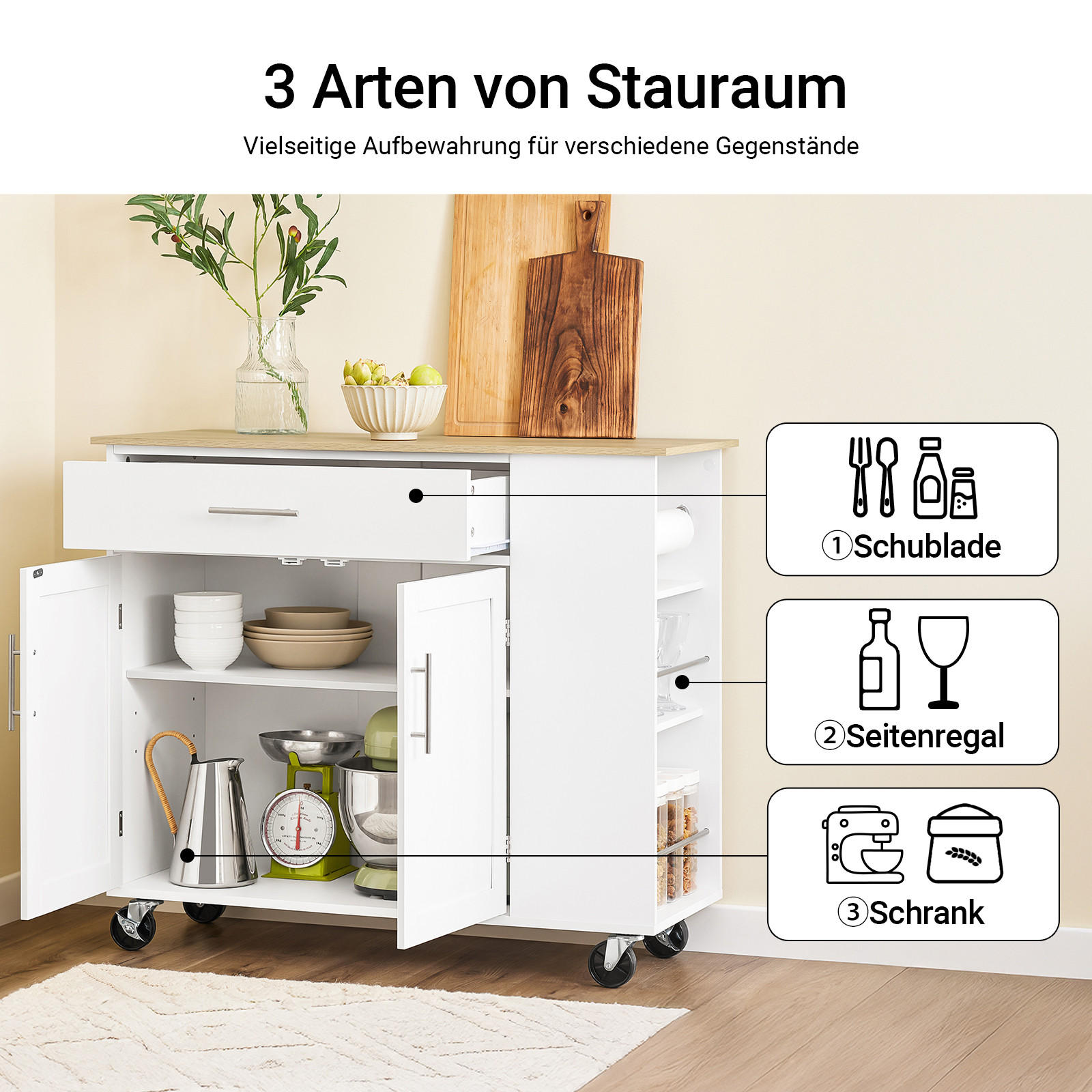 KÜCHENINSEL mit Arbeitsplatte Rollbarer, Weiß 99x85x40 cm - Weiß, Holzwerkstoff (99/85/40cm) - SoBuy