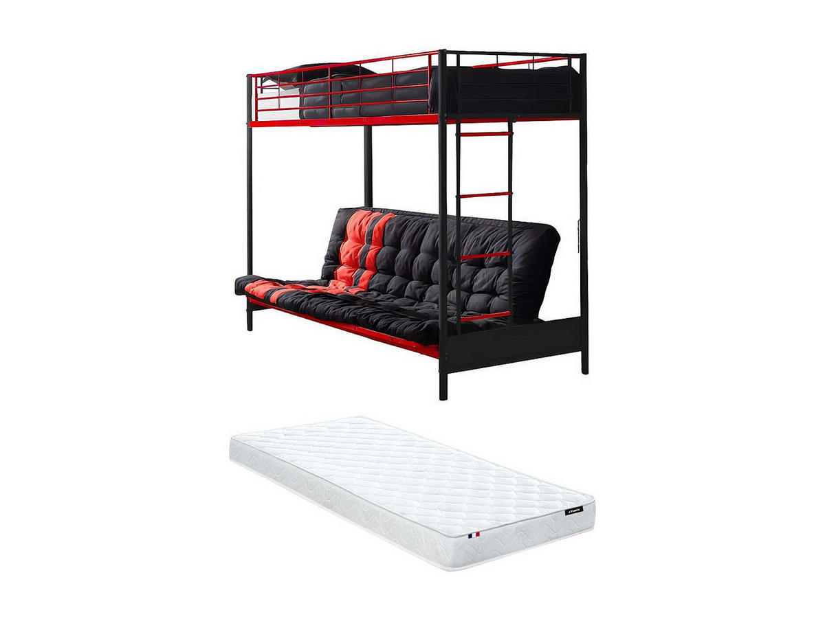HOCHBETT mit Schlafsofa mit Matratze + Futonmatratze - 90 x 190 cm - Metall - Rot & Schwarz - MODULO V - Rot/Schwarz, Metall - Vente-Unique