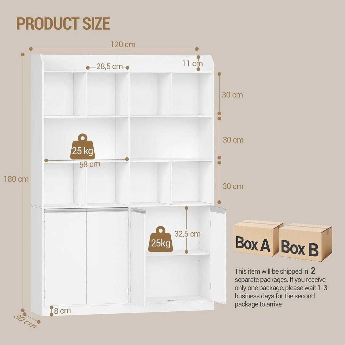 BÜCHERREGAL mit 4 Türen Weiß 30 x 120 x 180 cm - Weiß, Holzwerkstoff (120/180/30cm)
