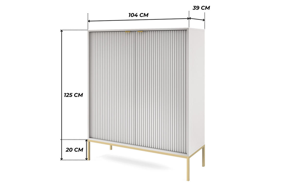 GRAUE Moderne Geriffelte Hochkommode KIOTO KW2D (Gold Gestell, Soft-Close Türen) - Goldfarben/Grau, Holz/Holzwerkstoff (104/125/39cm) - Ravio
