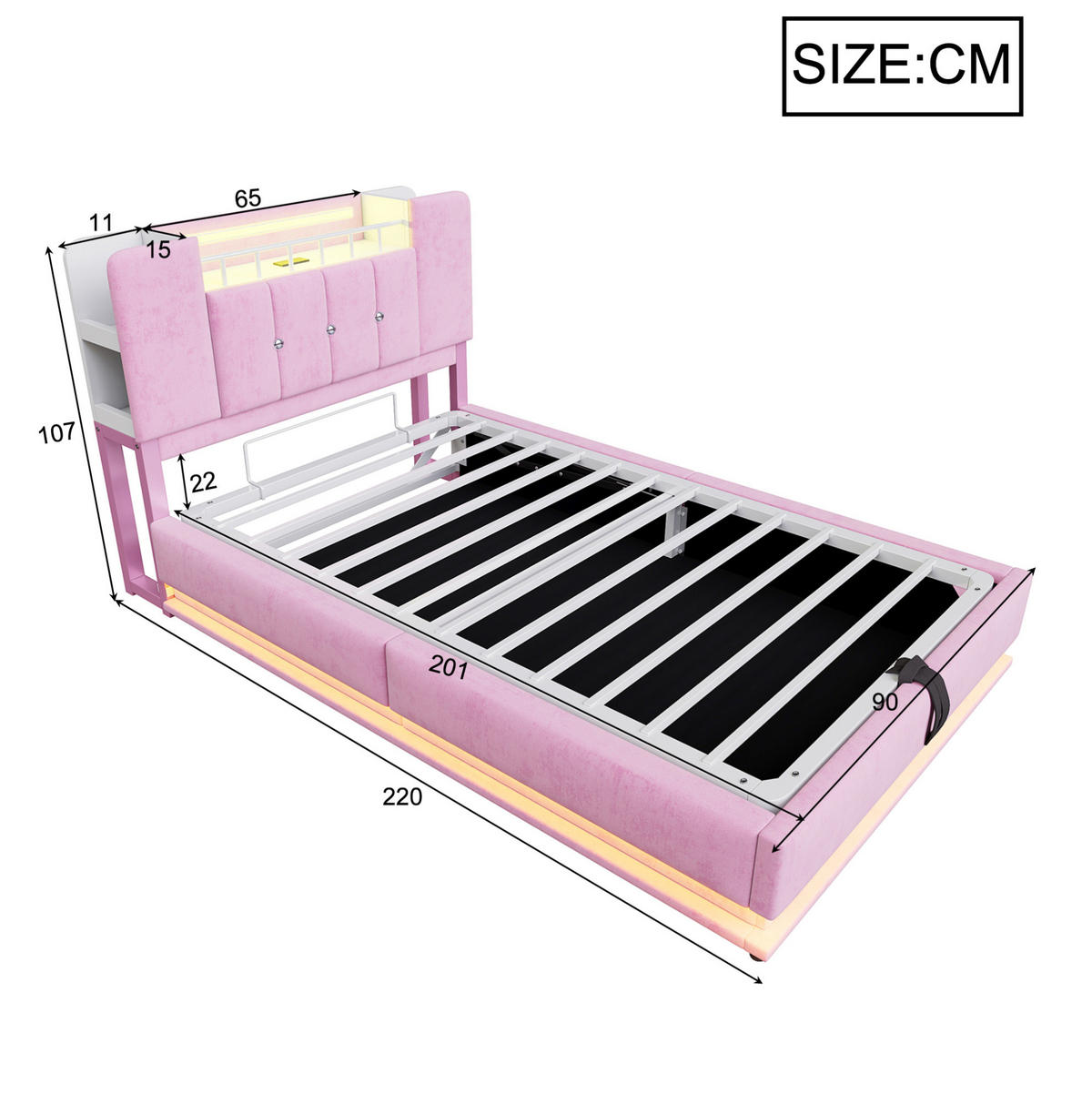 POLSTERBETT 90/200 cm Rosa mit LED-Beleuchtung, USB-Anschluss und Stauraum - Rosa, Textil (90/200cm) - Flora Grace