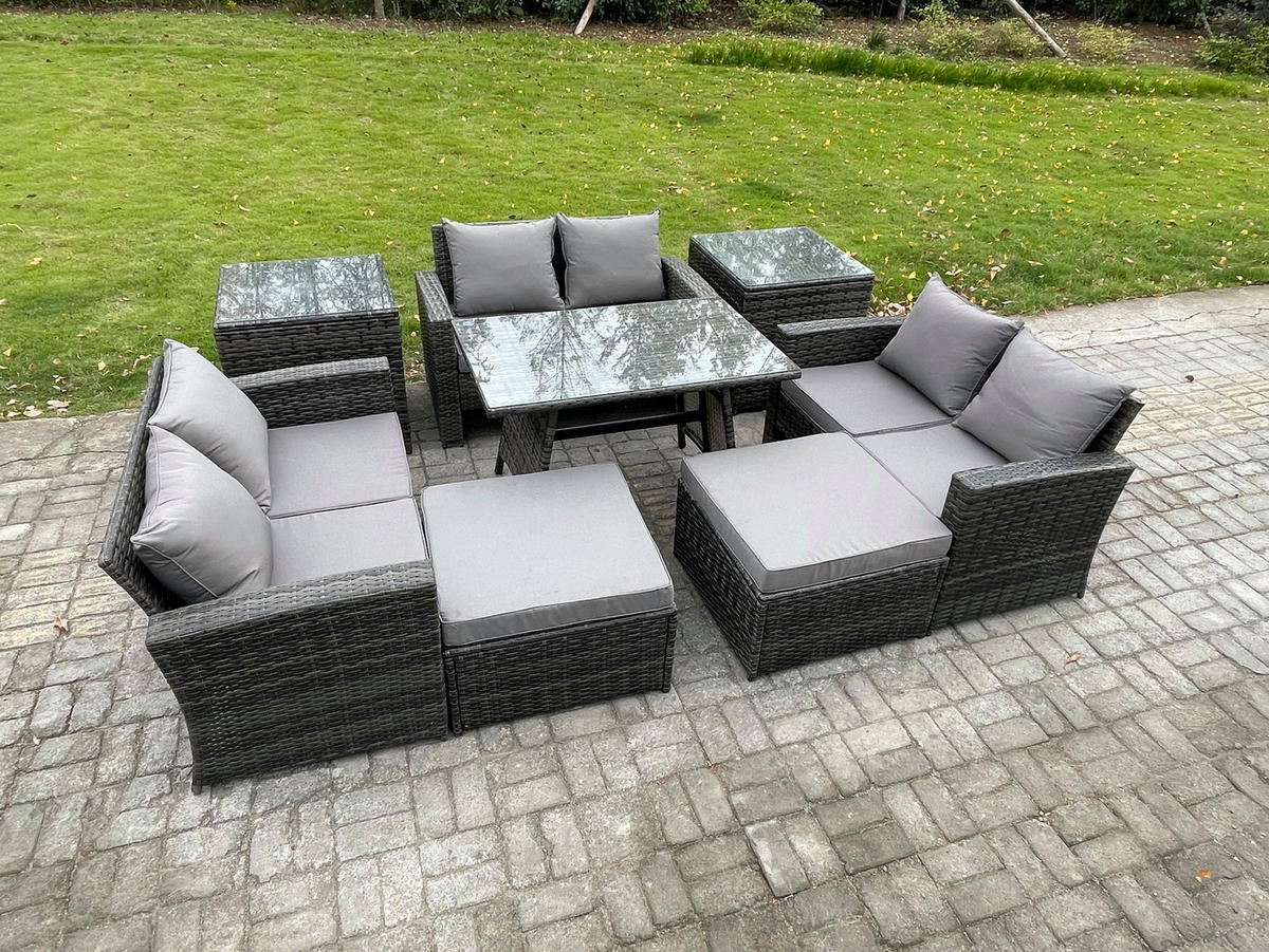 GARTENMÖBELSET mit ESSTISCH,HOCHLEHNER-SOFA Polyrattan Dunkelgrauer Mix 8-Sitzer - Dunkelgrau/Grau, Glas/Kunststoff - Fimous