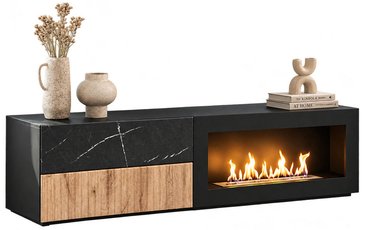 TV-LOWBOARD schwarz, Vicking Eiche, Marmor schwarz 160 x 42 cm, TV Unterteil mit Ethanol Kamin - Eichefarben/Schwarz, Holzwerkstoff/Kunststoff (160/42/45cm) - Inn.Furn