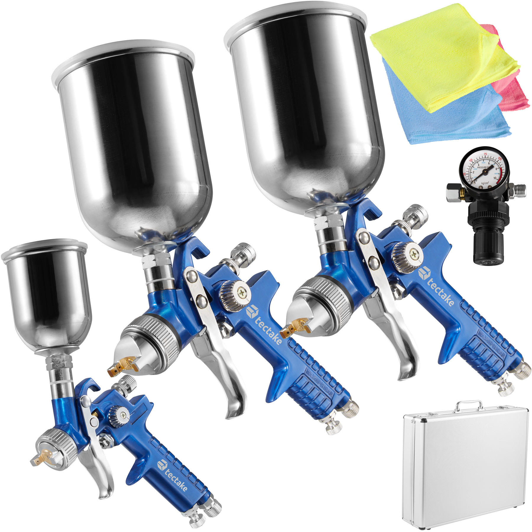 LACKIERPISTOLEN-SET Hvlp, inklusive Mikrofasertücher und Aluminiumkoffer,blau - Blau, Metall (46.5/43.5/13cm) - tectake