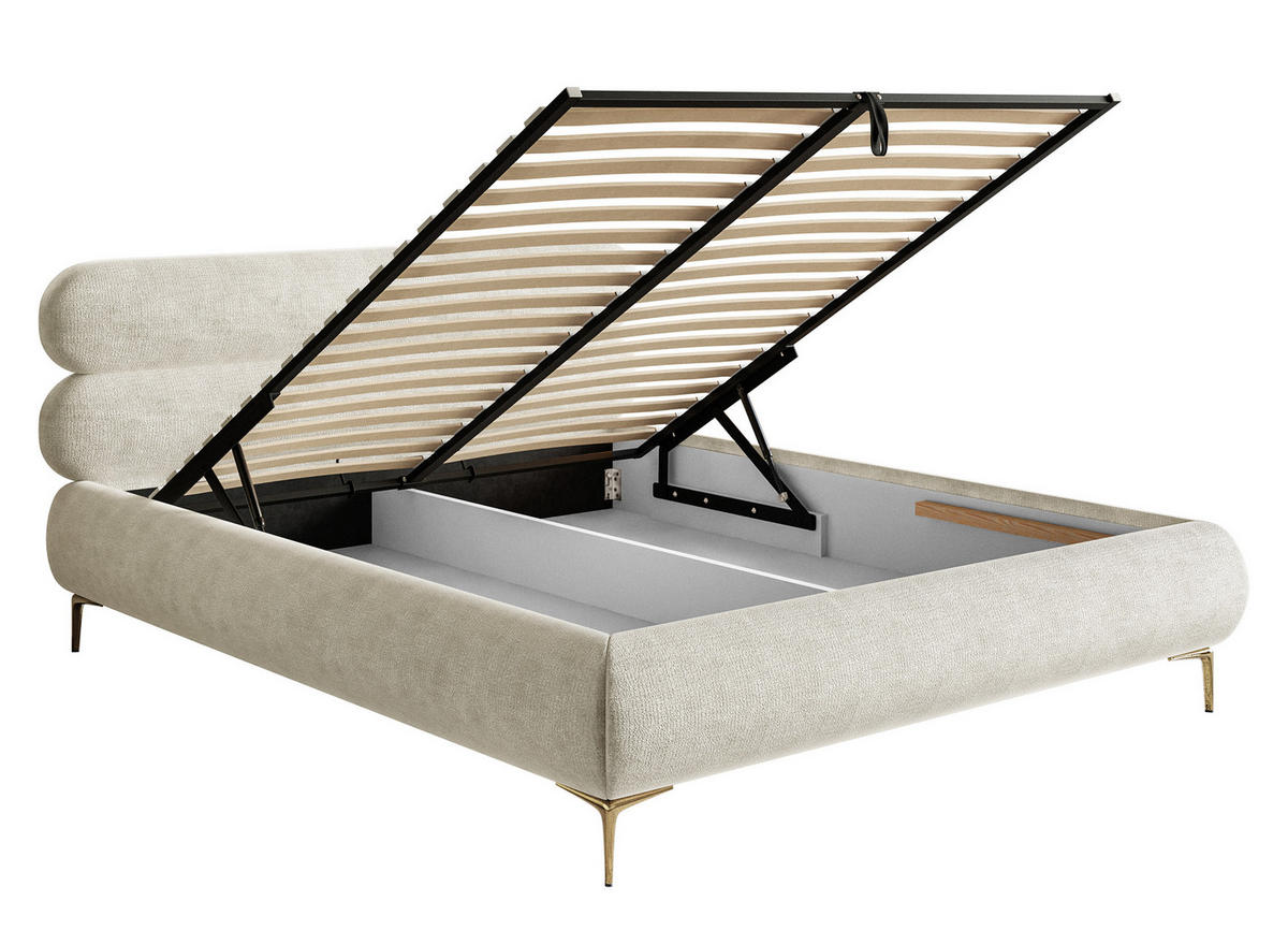 POLSTERBETT Roule Graubeige Chenille mit goldenen Metallbeinen und Bettkasten 140 cm - Greige/Goldfarben, Textil/Metall (140/200cm) - Selsey