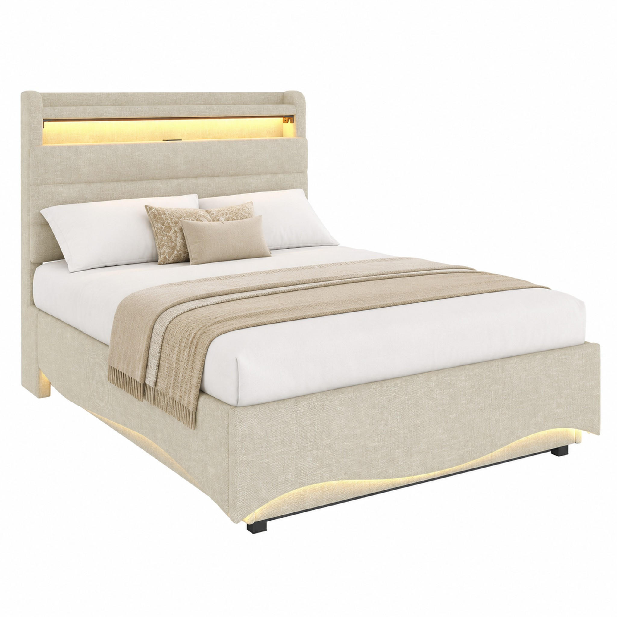 POLSTERBETT mit Stauraum und LED 90x200 cm Leinen Beige - Beige, Metall (90/200cm) - Meubliv