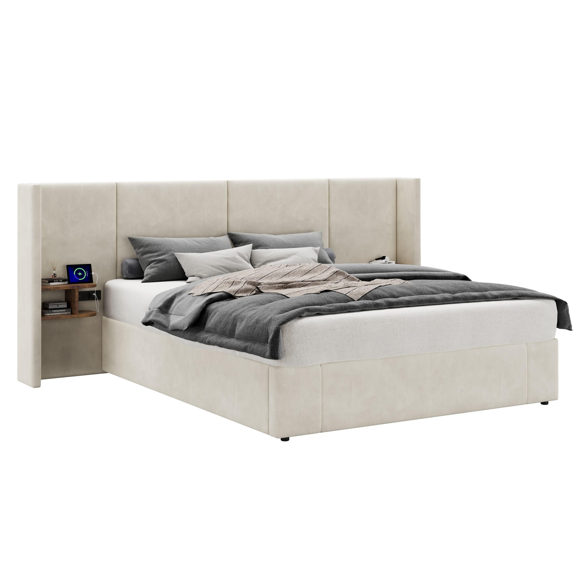 POLSTERBETT 160/200 cm mit USB-A, USB-C, Steckdosen, hydraulischem Stauraum und 2 Nachttischen aus Samt, Beige - Beige, Textil (160/200cm) - Redom