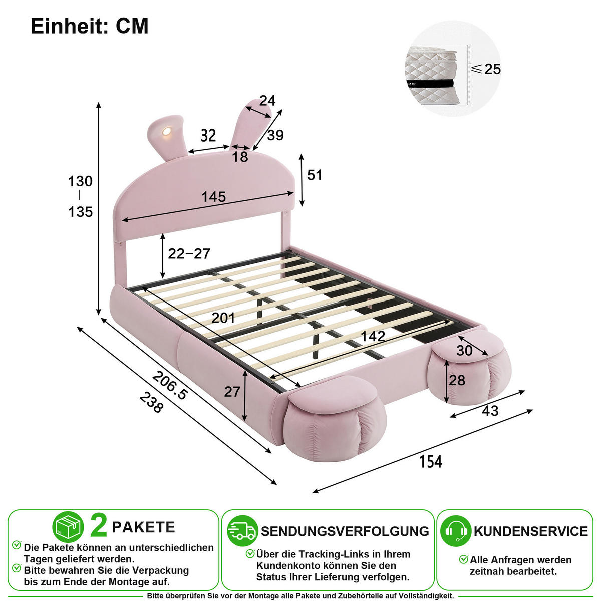 POLSTERBETT 140/200 cm in Rosa mit Bettkasten, LED und verstellbarem Kopfteil aus Samt - Rosa, Holzwerkstoff/Textil (140/200cm) - CHICFURN