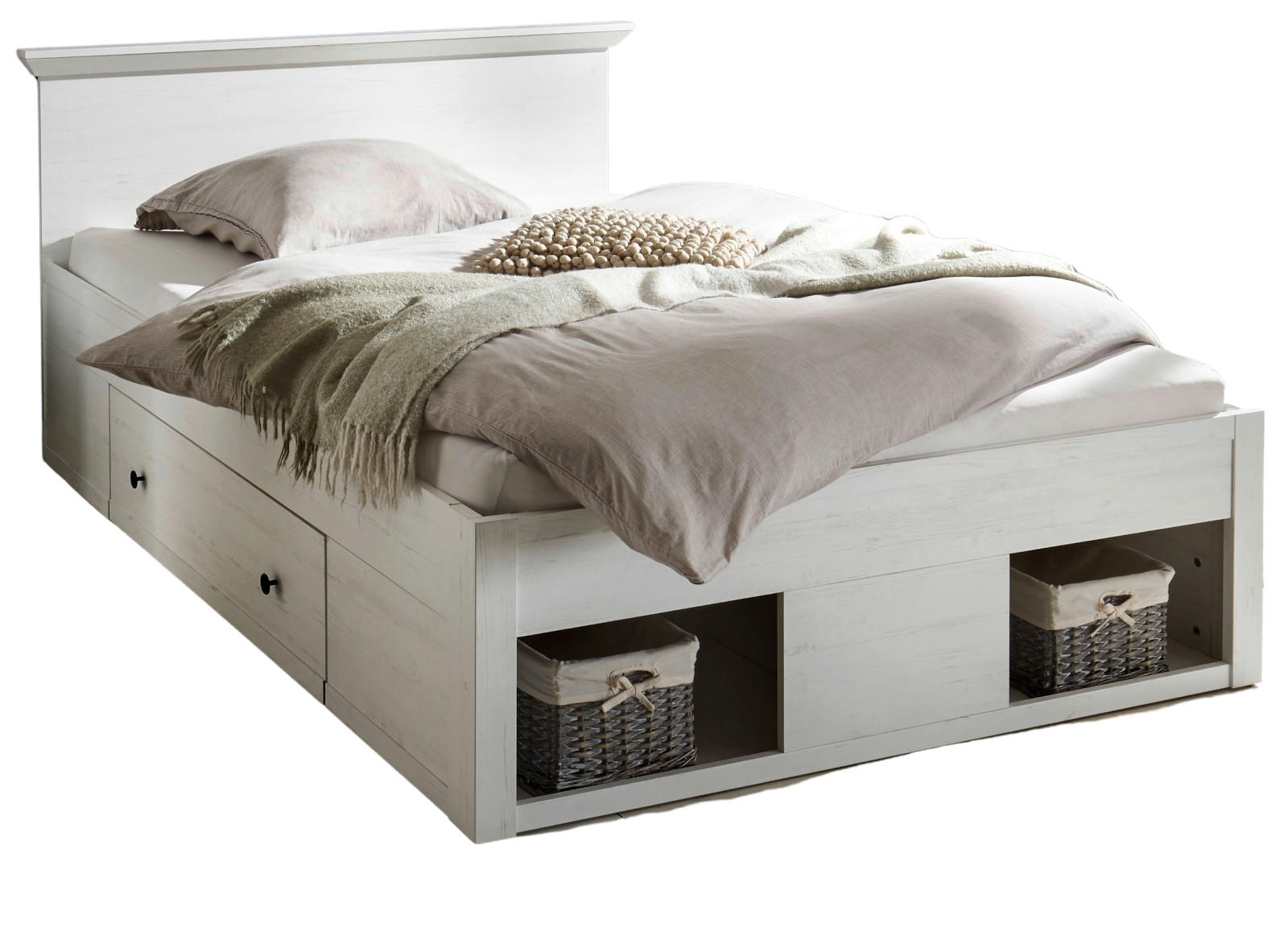 BETT Pinie weiß Liegefläche 140 x 200 cm, Stauraumbett mit Bettschubkasten - Schwarz/Weiß, Holzwerkstoff/Kunststoff (140/200cm) - Furn.Design