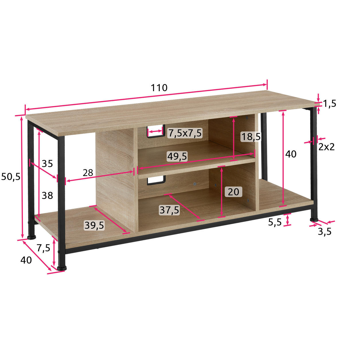 TV-REGAL Austin,110 x 40 x 50,5 cm,Industrial Holz hell, Eiche Sonoma - Naturfarben, Holzwerkstoff (40/50.5/110cm) - tectake
