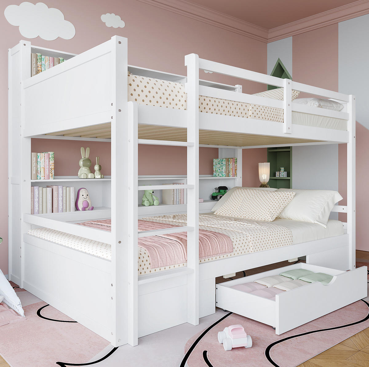 ETAGENBETT 90/200 cm mit Schublade und Ablagefächern, Weiß - Weiß, Holzwerkstoff (90/200cm) - Redom