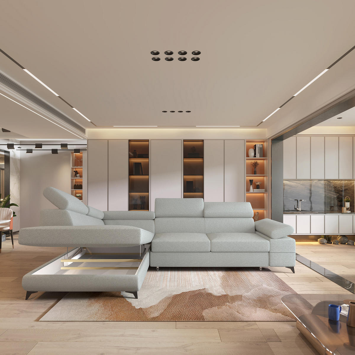 ECKSOFA FAVIEN L-S Creme Boucle-Stoff mit Schlaffunktion - Creme, Holz (257/190cm) - MASSENO