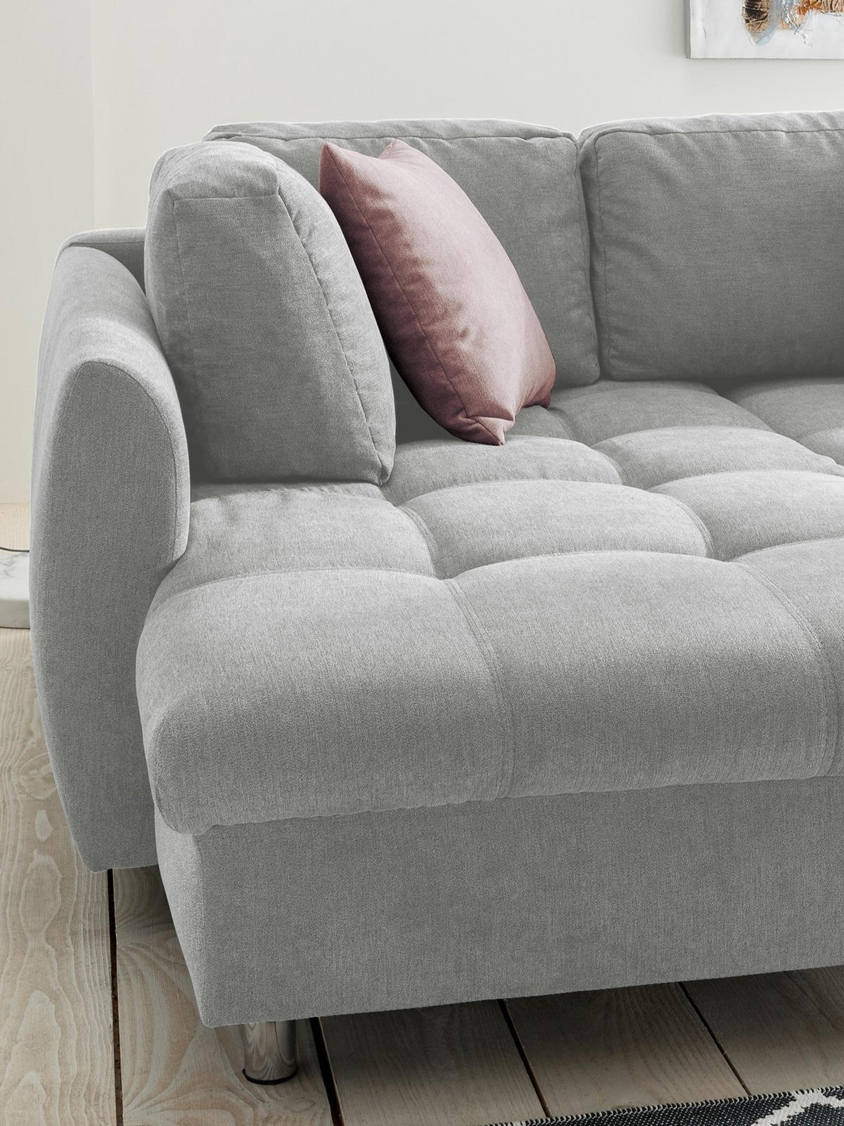 ECKSOFA mit Schlaffunktion, Bettkasten, Wellenunterfederung, Ottomane links B250/T190/H84 cm, Liegefl. 179x190 cm, Mikrofaser Grau / 17002 - Chromfarben/Grau, Textil/Metall (250/190cm) - luma-home