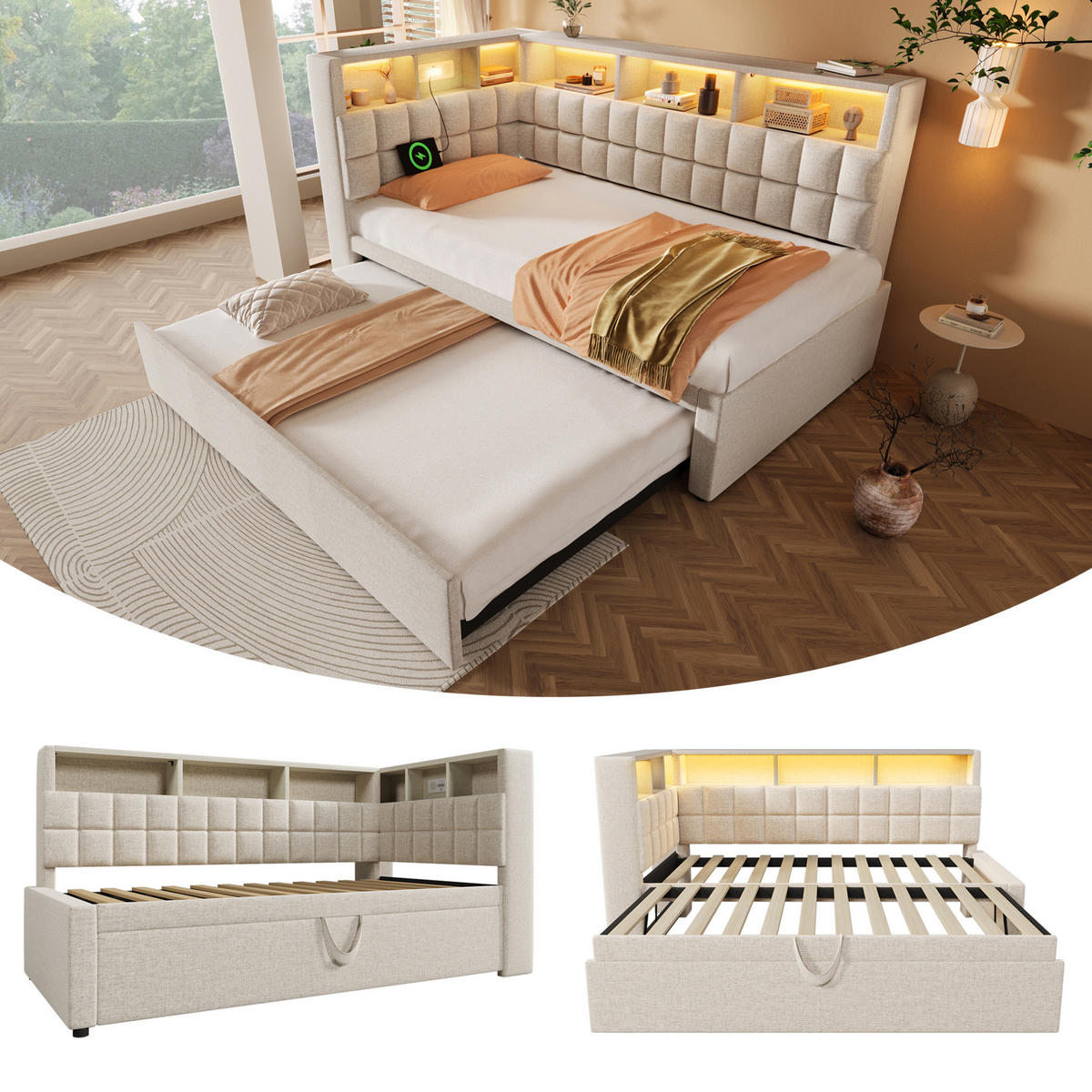 POLSTERBETT 90/200 cm mit Ausziehbett, LED und Bluetooth-Lautsprecher, Beige - Beige, Textil (90/200cm) - BEAOK