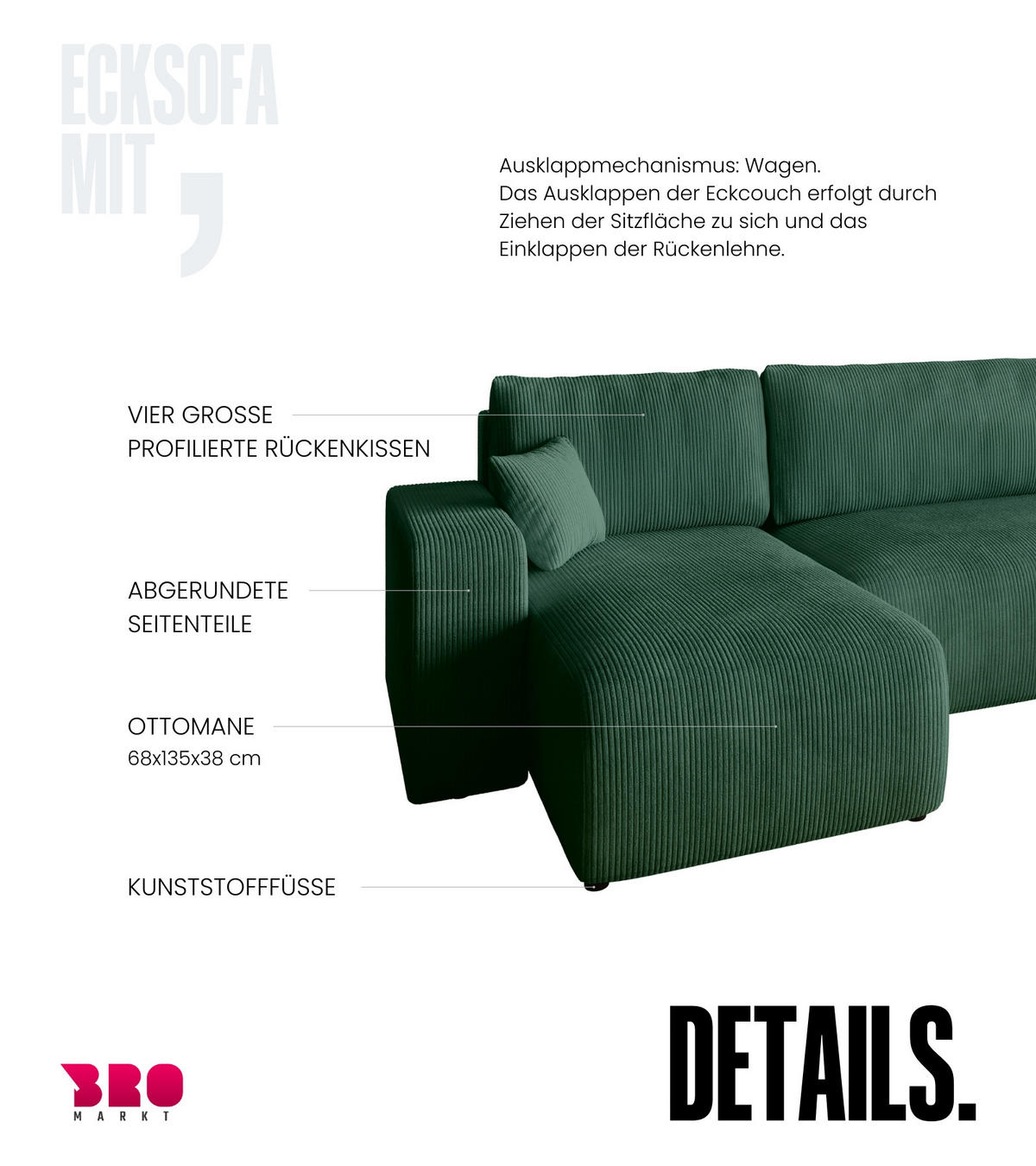 WOHNLANDSCHAFT PUMI mit Schlaffunktion Grün Cord - Dunkelgrün, Textil (312/82/148cm) - Bromarkt