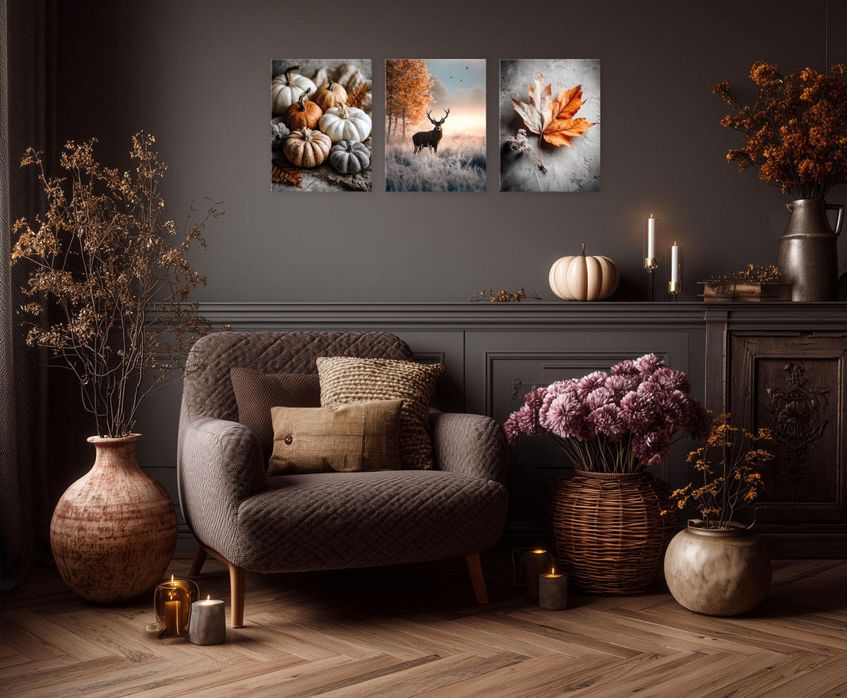BILDERSET 3er-Set 30x40 cm Hirsch Herbst - Orange, Kunststoff (30/40cm) - artissimo
