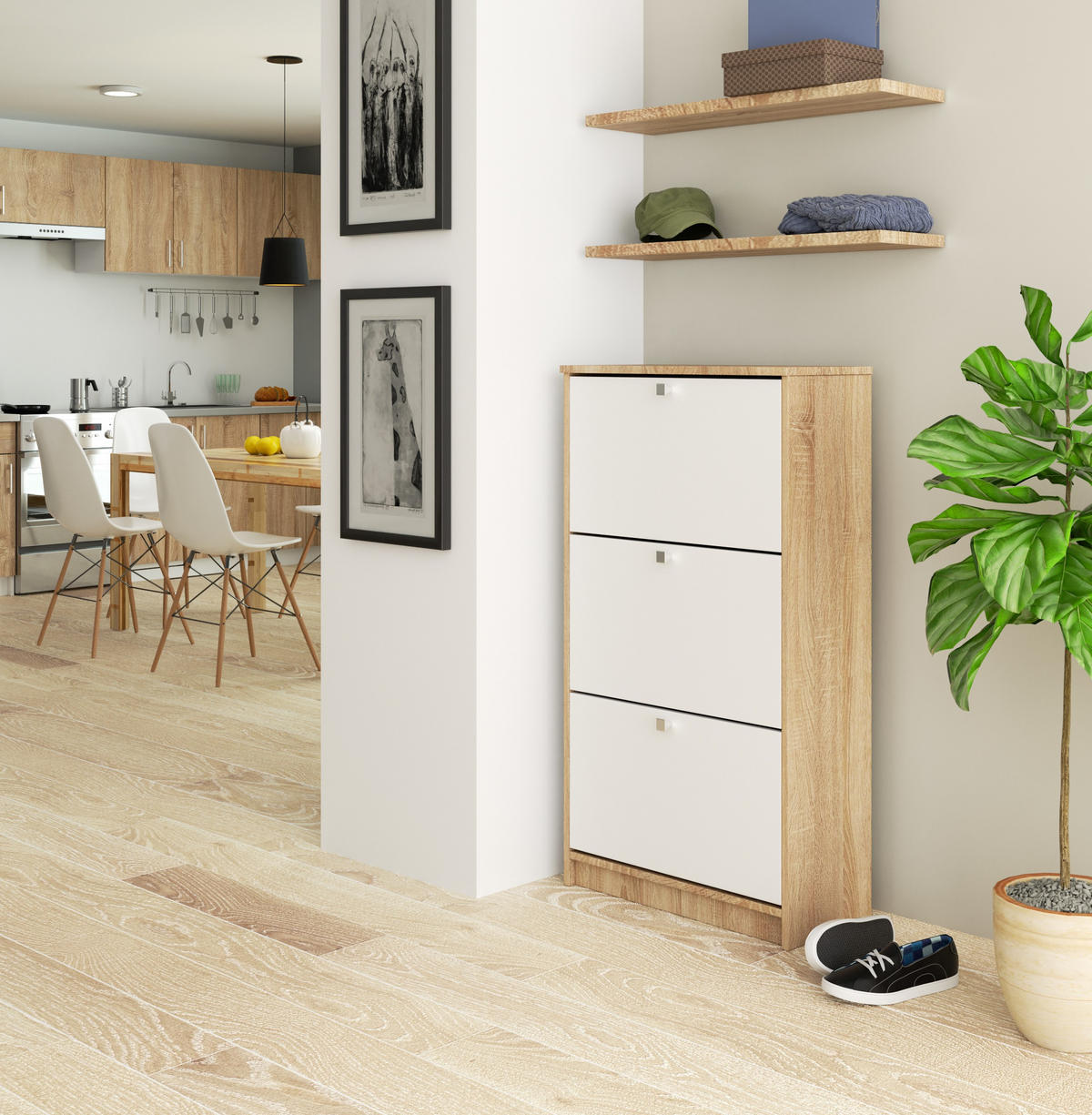 SCHUHSCHRANK Sonoma Eiche, Weiß 60x28.5x113 cm - Silberfarben/Weiß, Holzwerkstoff/Metall (60/113/28.5cm) - Akord