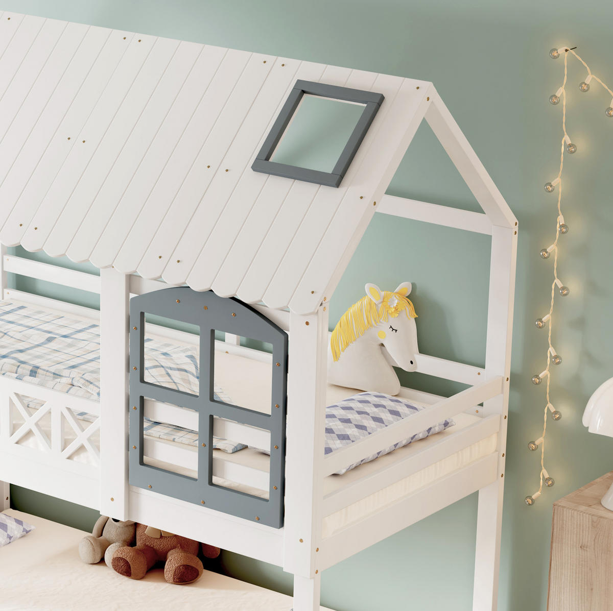 ETAGENBETT 90/200 cm in Weiß/Grau mit Stauraumtreppe, Dach und Fenster - Weiß, Holzwerkstoff (90/200cm) - OKMYHOME
