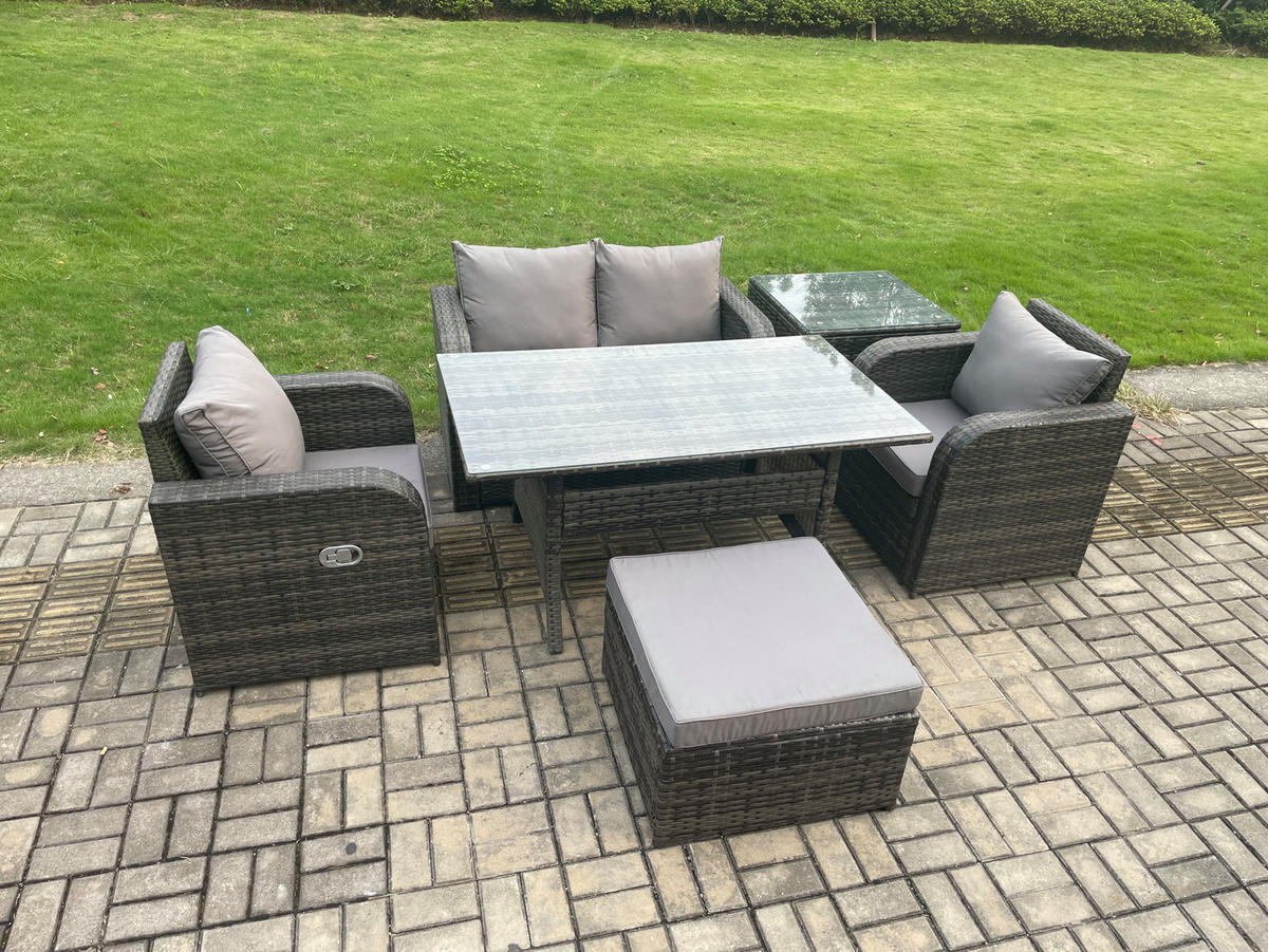 GARTENMÖBEL SET mit Zweisitzer Polyrattan 5-Sitzer - Dunkelgrau/Grau, Glas/Kunststoff - Fimous