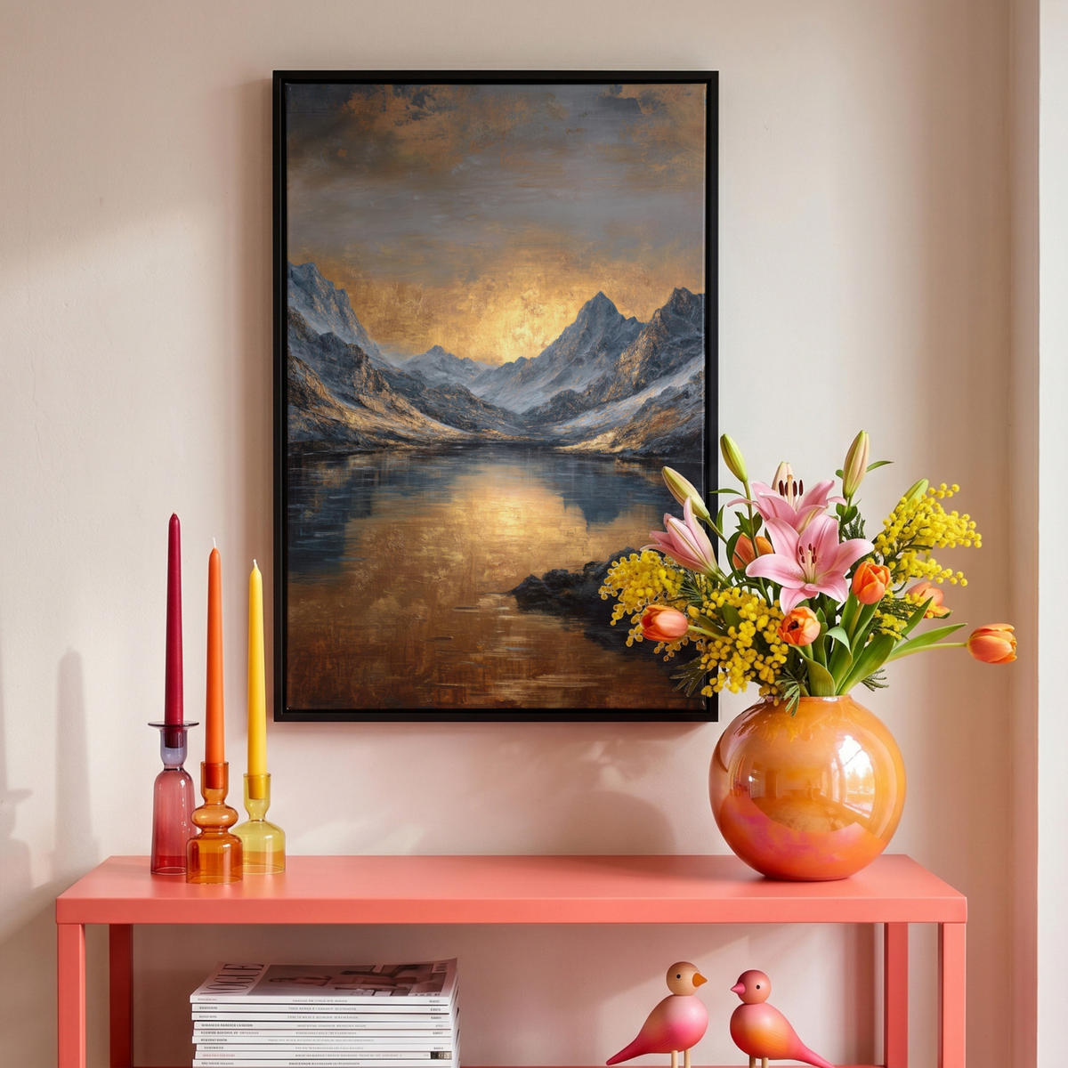 LEINWAND Bilder mit Rahmen - Bergkulisse mit goldenem Sonnenuntergang - 40x60 - Goldfarben, Textil (40/60cm) - MuchoWow