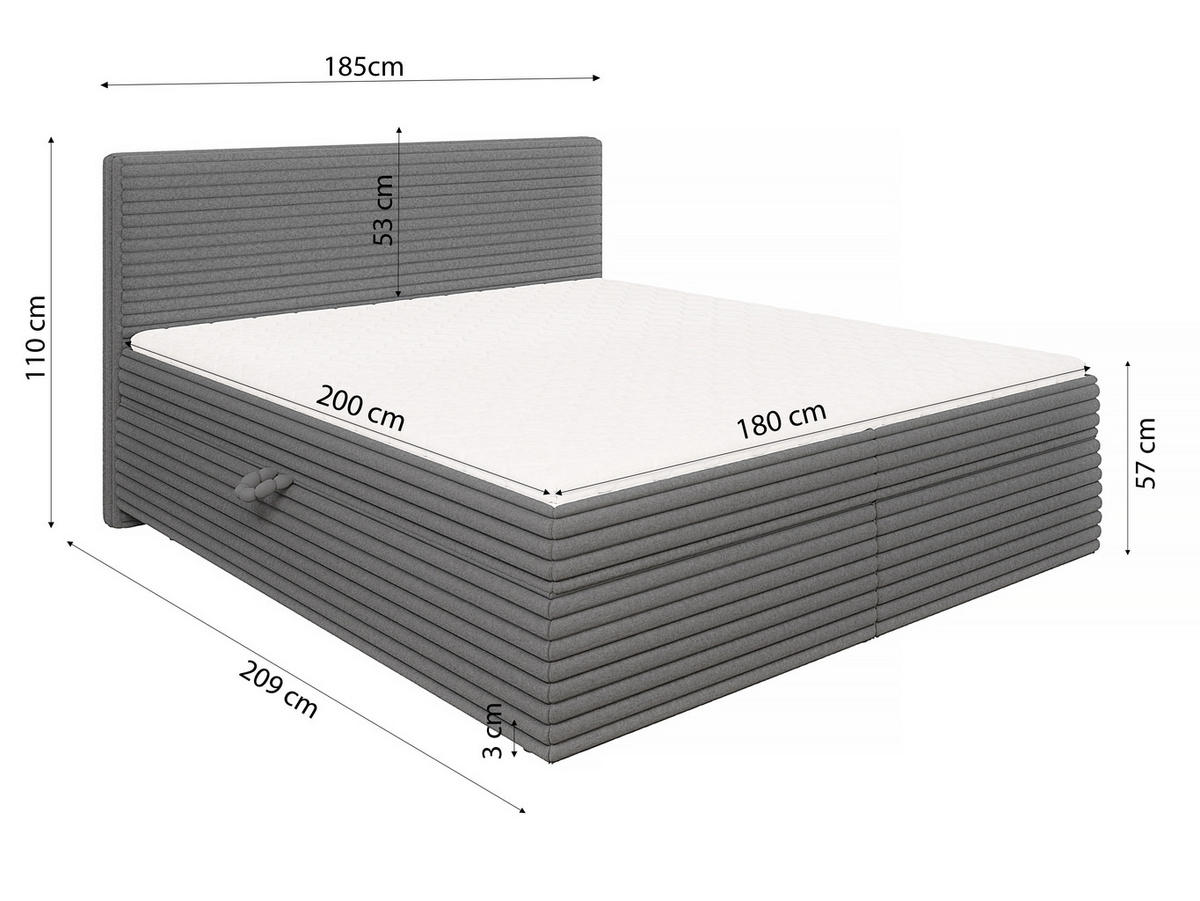 BOXBETT Roma 180/200 cm Dunkelgrau Plüschcord - Dunkelgrau/Schwarz, Holz/Kunststoff (180/200cm) - S-Style Möbel
