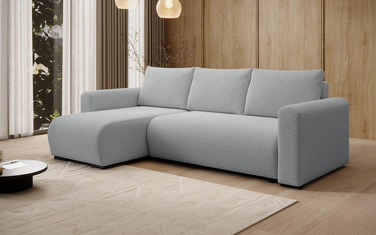 ECKSOFA DORA L, Eckcouch in L-Form mit Schlaffunktion und Bettkasten, Farbe: Grau, Bouclé-Stoff, Ottomane Links - Grau, Textil (240/143cm) - Storez24