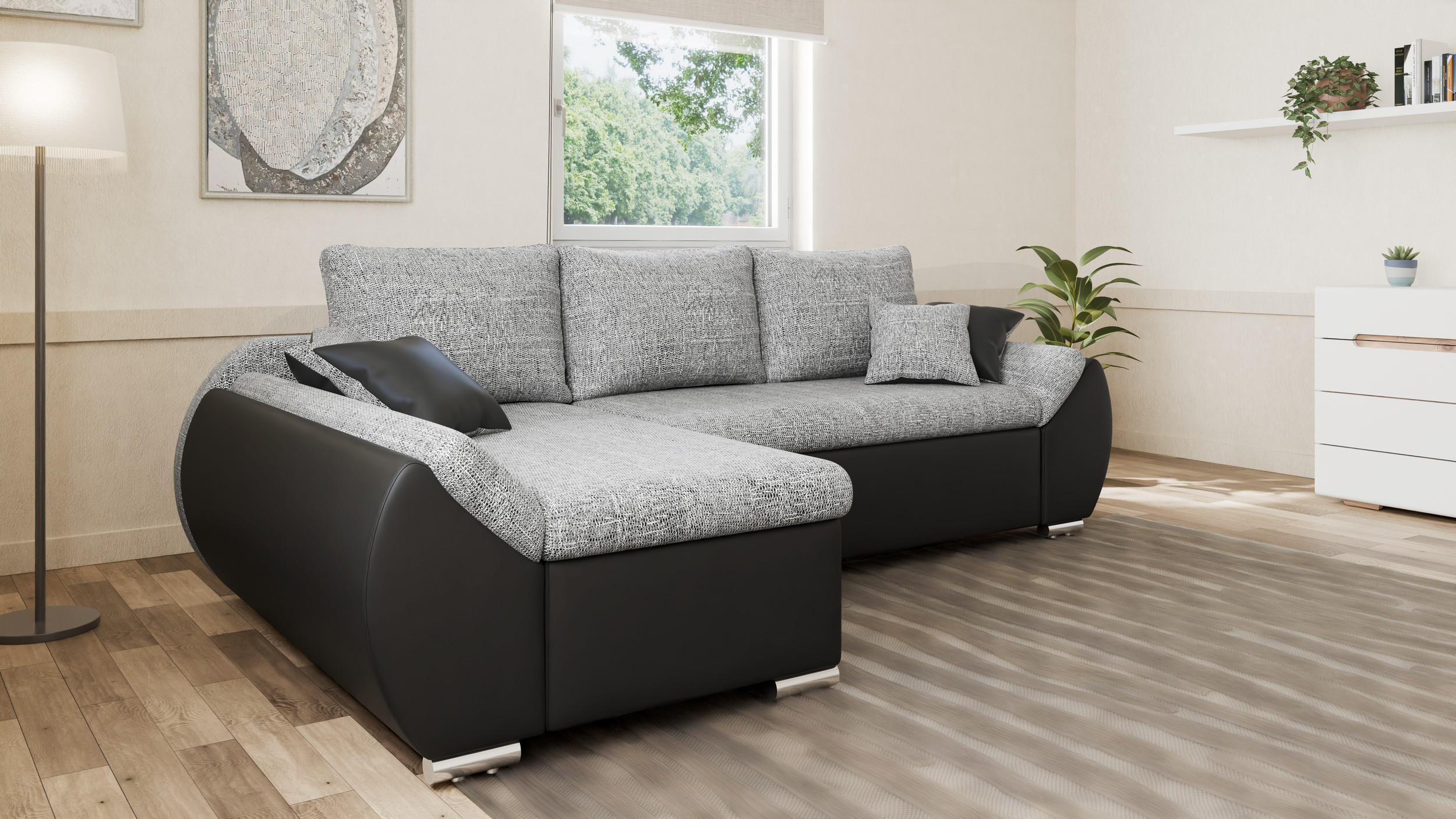 ECKSCHLAFSOFA ALEX – Grau + Schwarz (Lawa 05 + Soft 11) + Hocker - Links - Grau, Holzwerkstoff/Metall (275/155cm) - Möblo