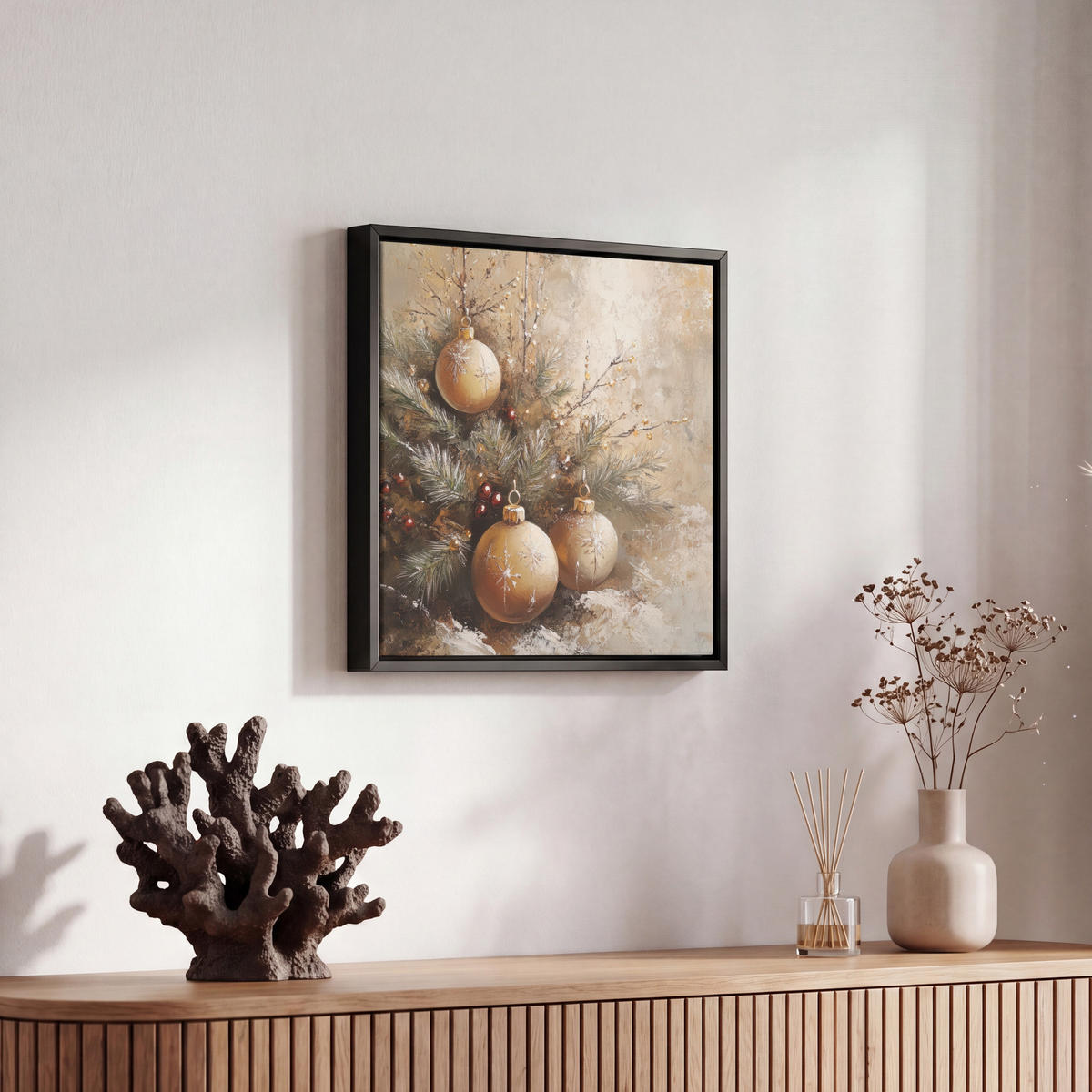 LEINWAND Bilder mit Rahmen - Weihnachten - Kugeln - Beige - Gold - 20x20 - Goldfarben, Textil (20/20cm) - MuchoWow