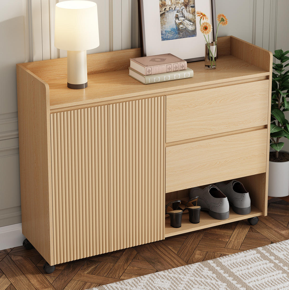 SCHUHSCHRANK aus MDF 110x35x86cm in Natur mit Rollen & Bremsen - Naturfarben, Holzwerkstoff (110/86/35cm) - Modfu