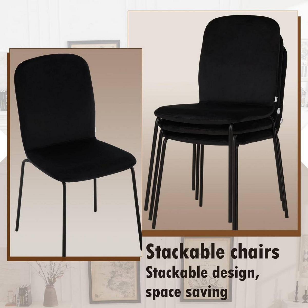 ESSZIMMERSTUHL 4er Set, Stapelstuhl, Samt, Schwarz - Schwarz, Textil/Metall (44/86/58.5cm) - Woltu