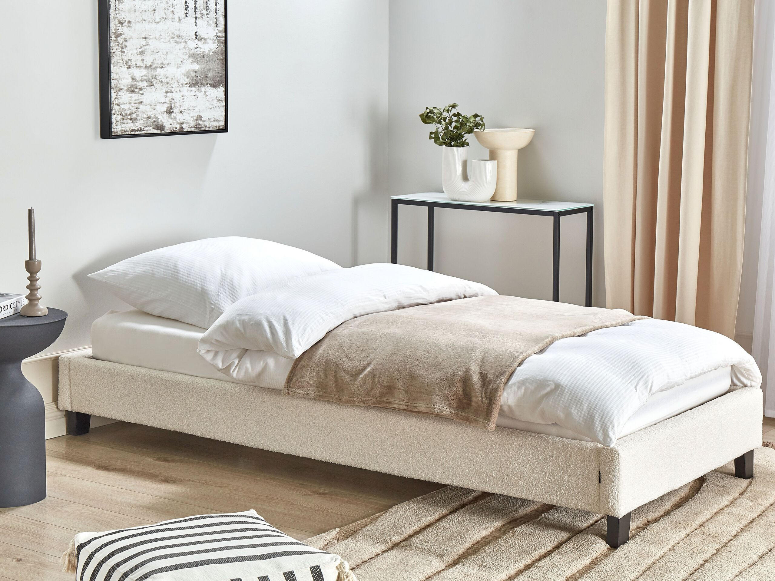 POLSTERBETT Beige-Dunkler Holzfarbton 90-200 cm Roanne - Beige/Dunkelbraun, Textil (90/200cm) - Beliani