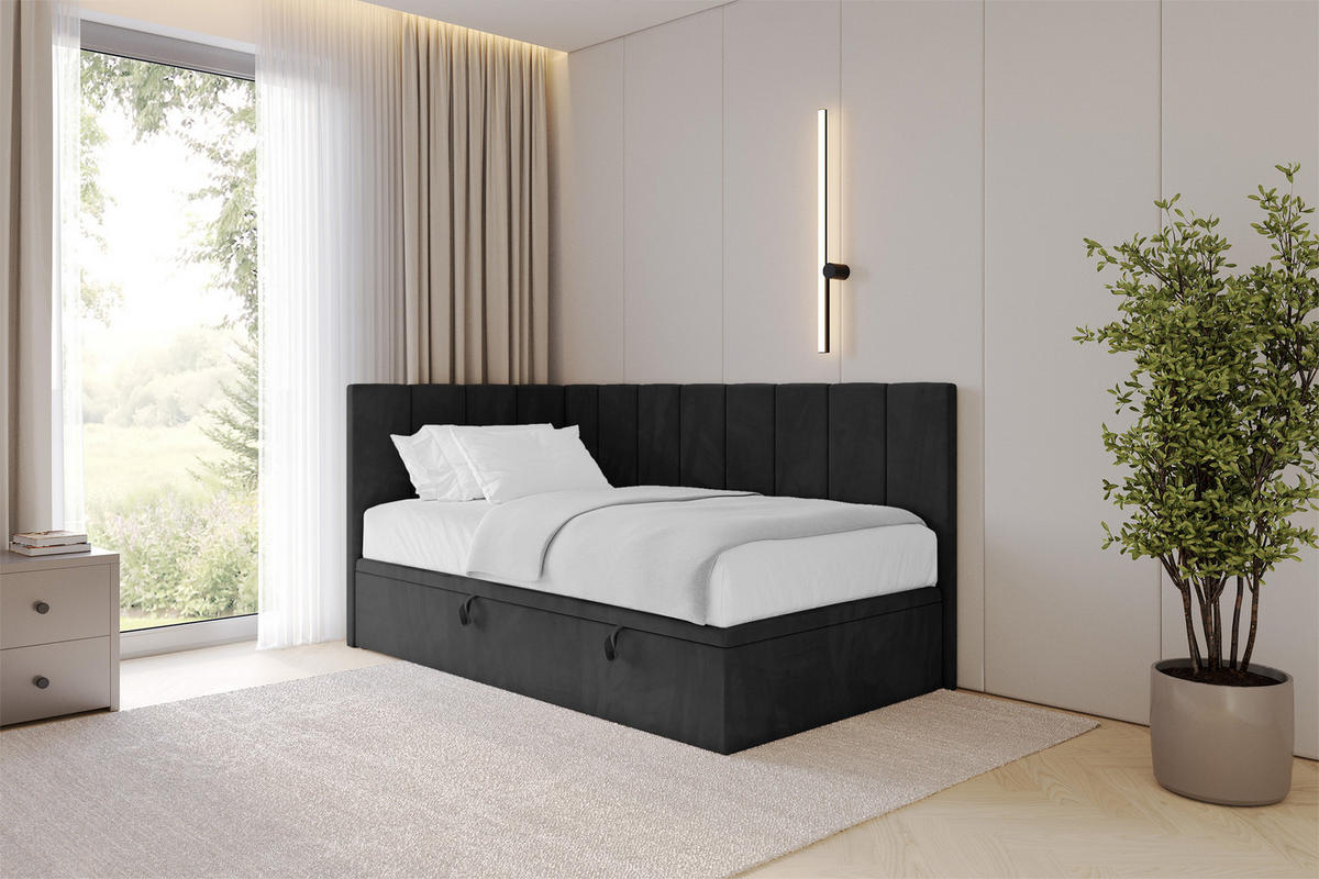 EINZELBETT Jugendbett mit Bettkasten Rechts, ohne Matratze - LOVY 100x200 Schwarz - Schwarz, Holzwerkstoff/Textil (100/200cm) - ALTDECOR