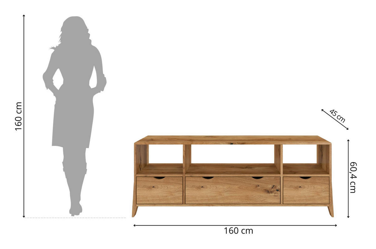 MASSIVHOLZ-TV-SCHRANK Gdynia, Eiche - lackiert, Naturfarben - Eichefarben, Eichenholz/Holz (160/60.4/45cm) - Visby
