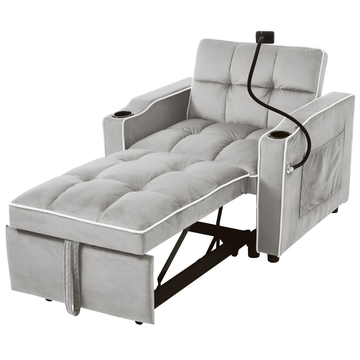 SCHLAFSESSEL Schlafsofa 3-in-1 Ausziehbares Einzel 83/167/76 cm Grau mit Getränkehaltern und Handyhalter - Weiß, Kunststoff (83/76/167cm) - OKWISH