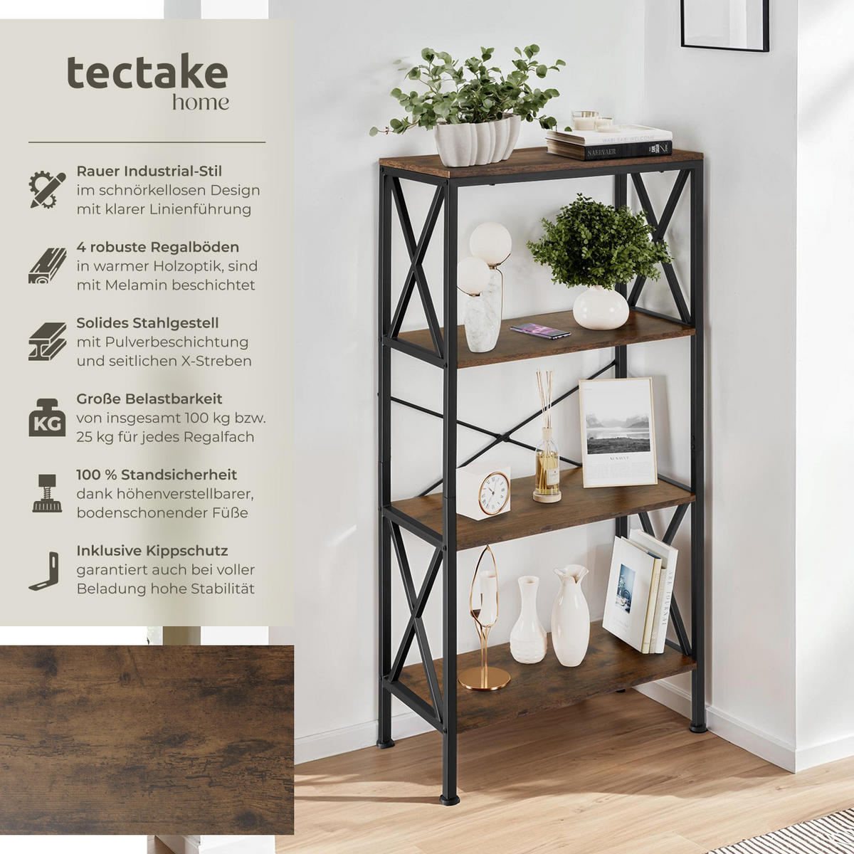 REGAL Barry,inklusive Kippschutz, 61,5 x 31,5 x 133,5 cm,Industrial Holz dunkel, rustikal - Rostfarben, Holzwerkstoff (31.5/133.5/61.5cm) - tectake