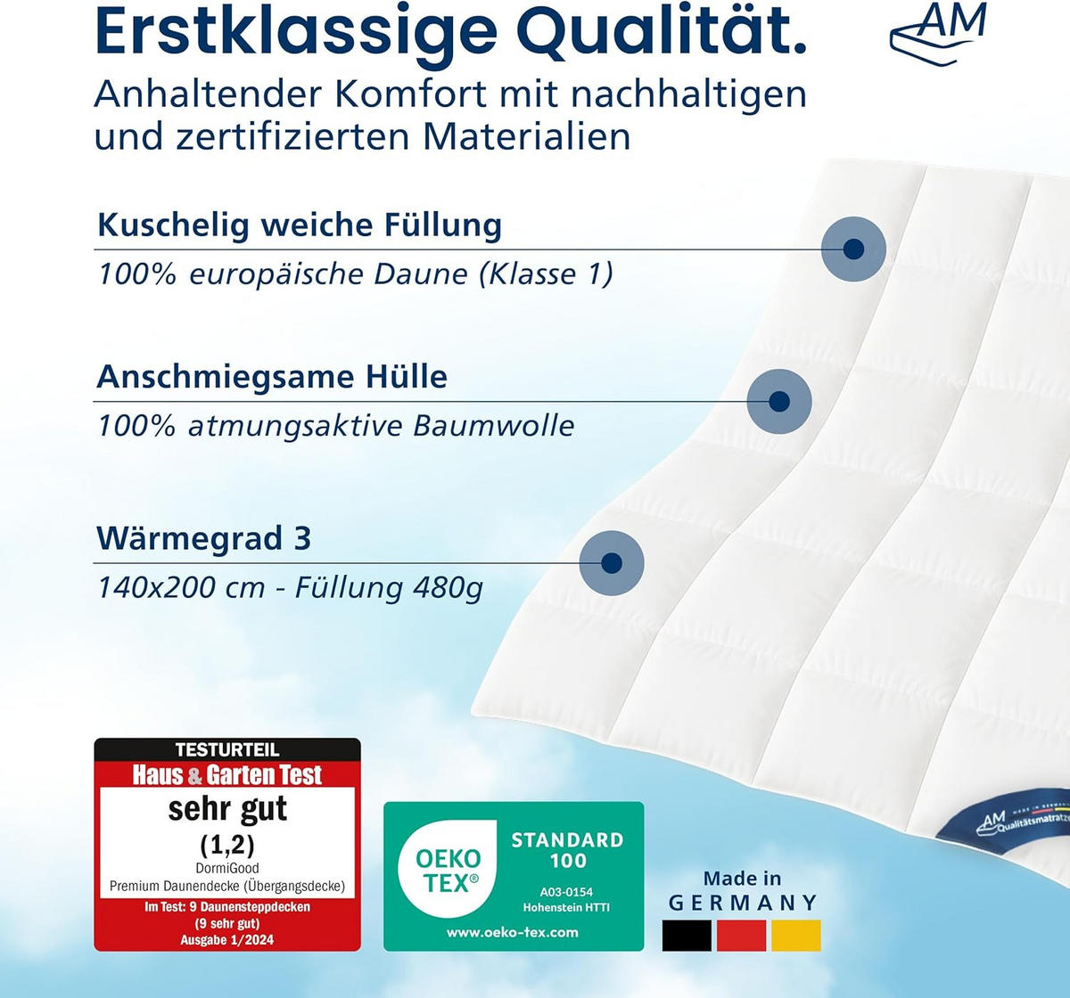 BETTDECKE DAUNEN Ganzjahres Made in Germany aus 100 % Daunen 140x200cm - Weiß, Textil (140/200cm) - AM Qualitätsmatratzen