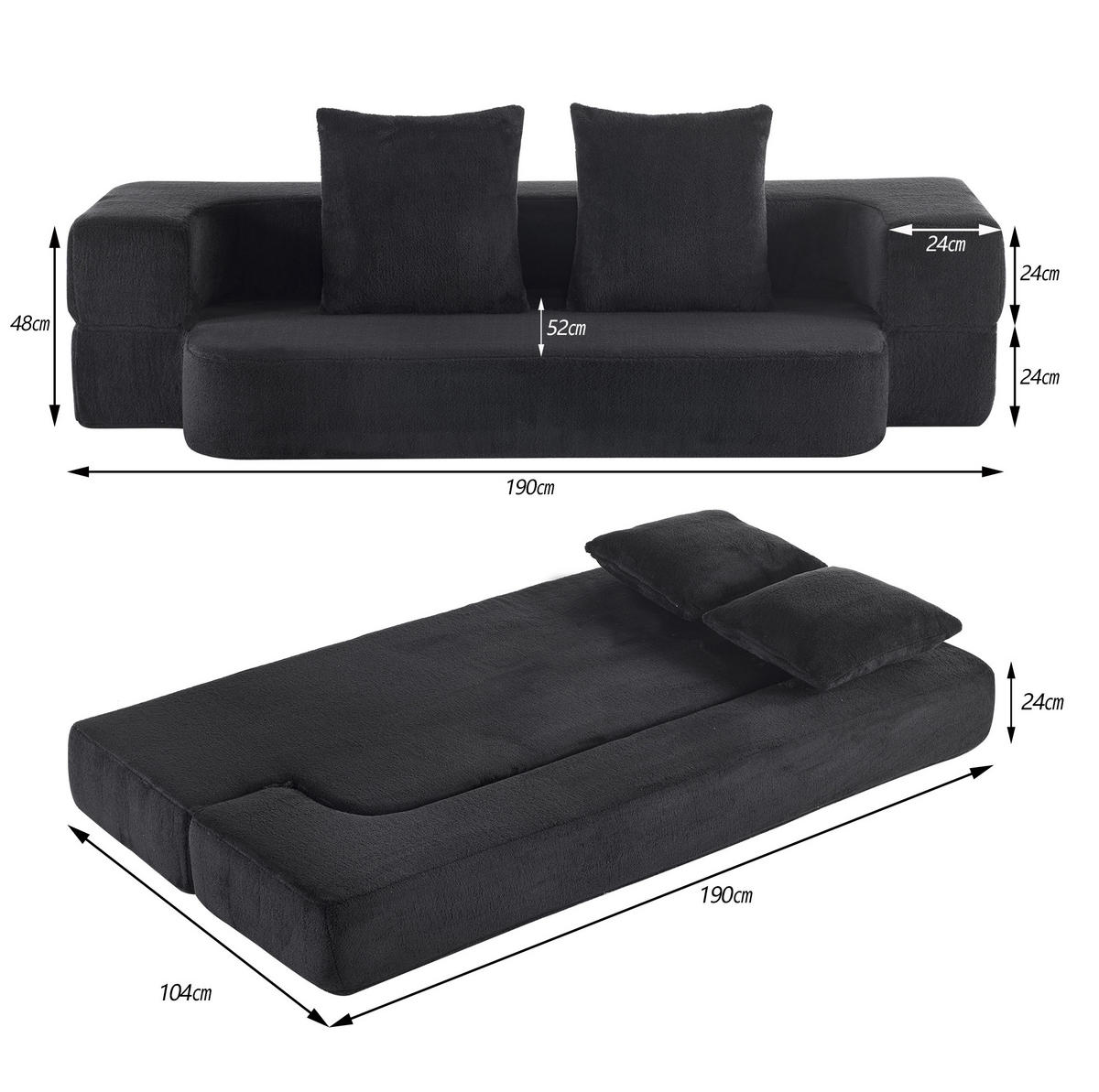 SOFA klappbar 2-in-1 Zweisitzer Schwarz - Schwarz, Kunststoff (52/48/190cm) - Meubliv