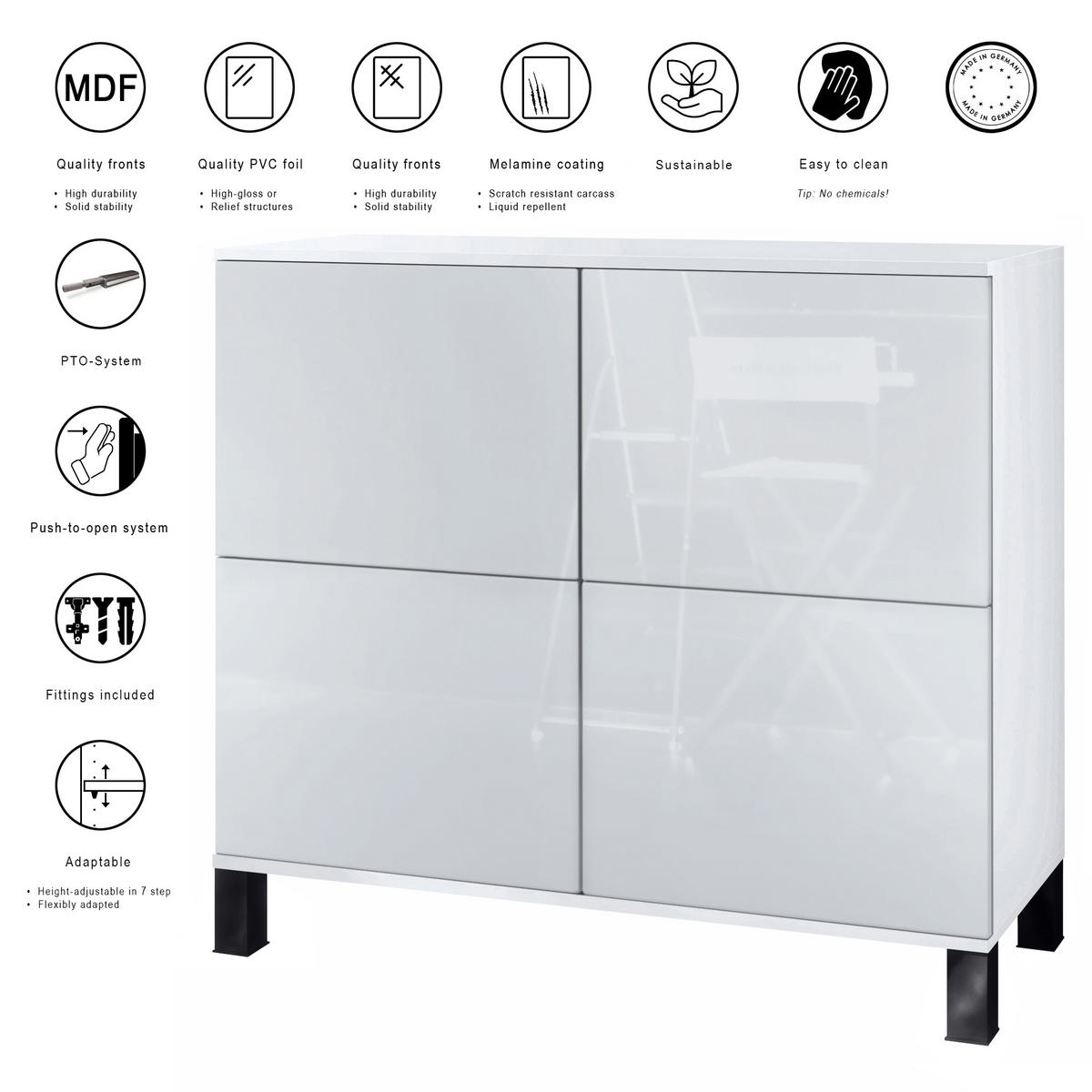 KOMMODE Rova Weiß Hochglanz - Weiß Hochglanz, Holzwerkstoff (92.5/84.5/35cm) - Vladon
