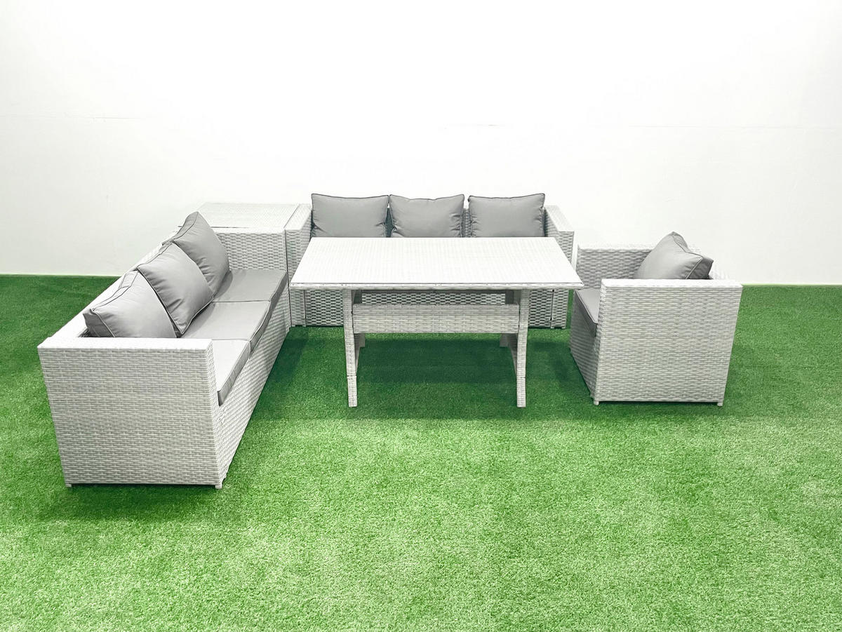GARTENMÖBEL SET mit 3-Sitzer-Sofa und Sessel, Esstisch,Beistelltisch Polyrattan Hellgrau 7-Sitzer - Hellgrau/Grau, Glas/Kunststoff - Fimous