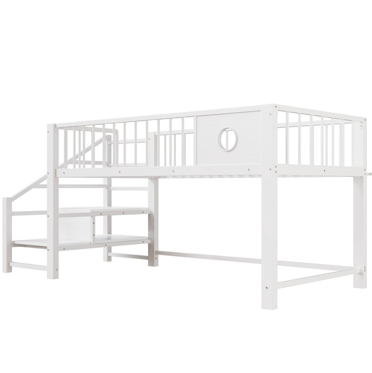 HALBHOCHBETT 90/200 cm Weiß aus Metall mit Stauraumleiter - Weiß, Holzwerkstoff (90/200cm) - OKWISH