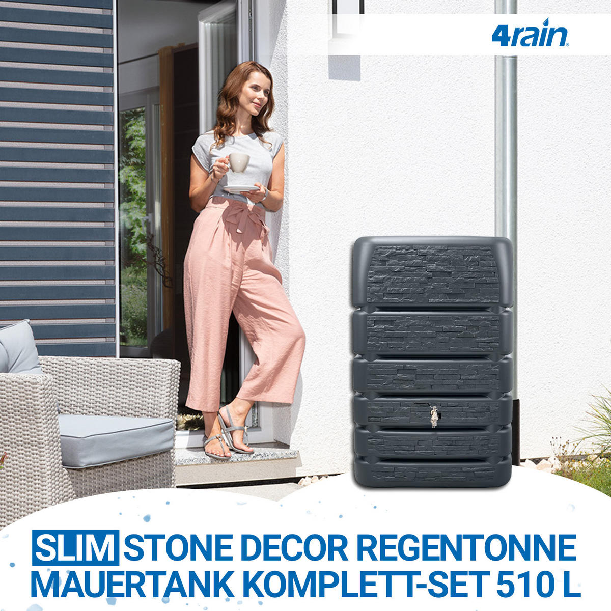 REGENTONNE Mauertank Komplett-Set 510 L, graphite grey inkl. Chrom-Doppelauslaufhahn und Fallrohranschluss - Grau, Kunststoff (60/123/80cm) - 4rain