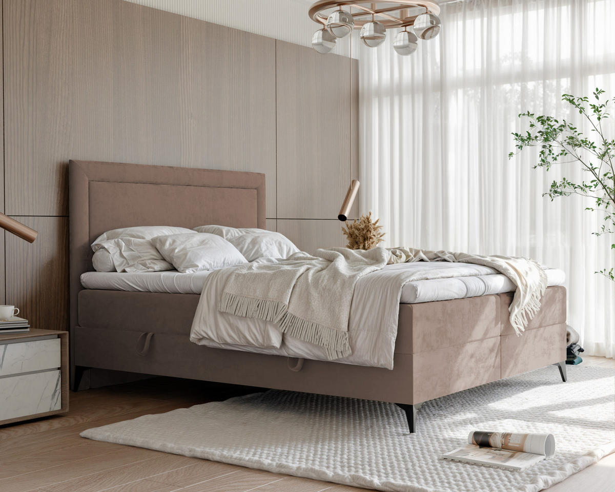 BOXBETT NERO 200/200 cm mit Matratze und Topper, Hellbraun - Hellbraun/Schwarz, Holzwerkstoff/Textil (200/200cm) - Idohome