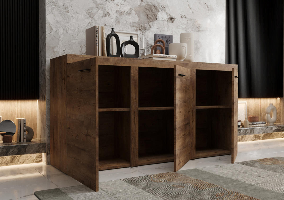 KOMMODE London LRXK mit 3 Türen, Sideboard in Farbe: Braun, Größe: 149 x 82 x 40 cm - Braun, Holzwerkstoff (149/82/40cm) - O-Sofa