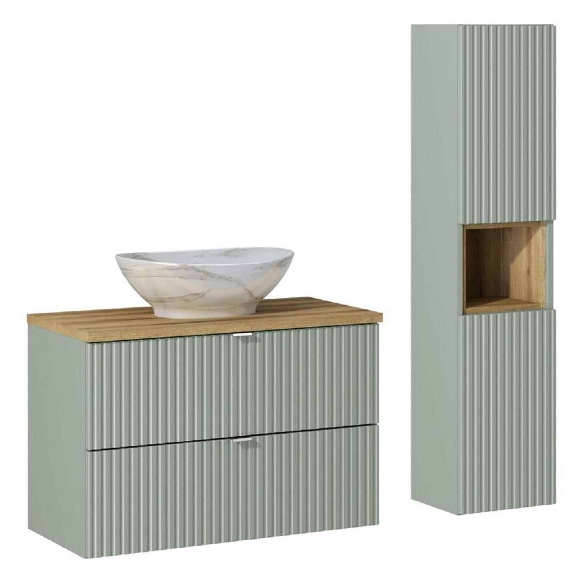 BADMÖBEL-SET 5 Teile - Line Reed Green L BM74 in Schilfgrün/ Evoke Eiche - Eiche Artisan/Grün, Holz (80/57/40cm)