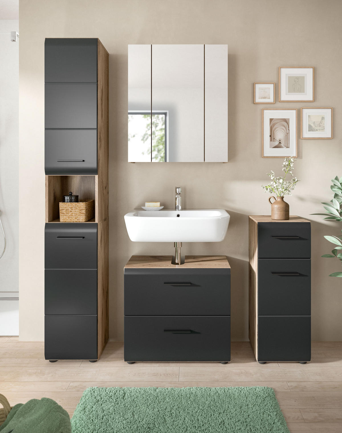 BADMÖBEL-SET 4-teilig Schwarz matt, Eiche Nox 150 x 185 cm, mit viel Stauraum und Vollauszug - Eichefarben/Schwarz, Glas/Holzwerkstoff (150/185/30cm) - Inn.Furn